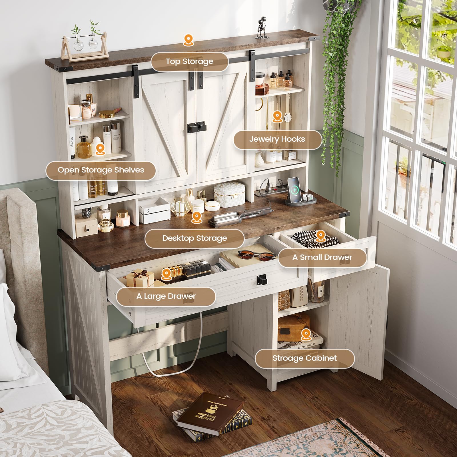 AOGLLATI Farmhouse White Makeup Vanity with LED Lights & Barn Doors - Vanity Desk with Mirror, Charging Station, Jewelry Hooks & Open Storage Shelves - Perfect for Bedroom, Dressing Room & Home Beauty Station