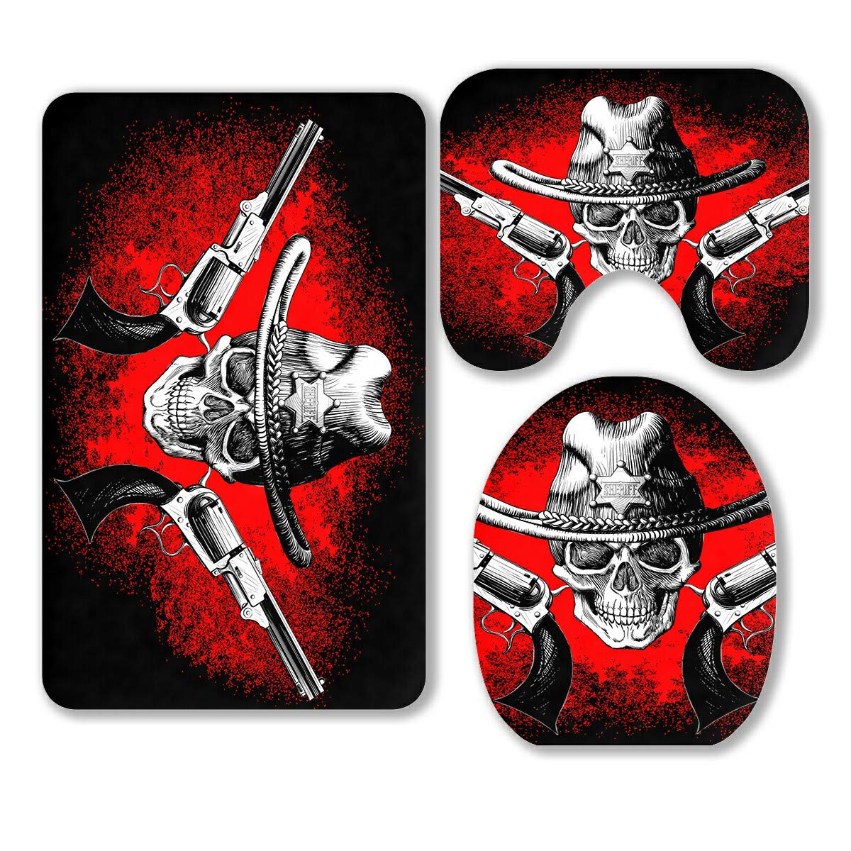 ECZJNT Skull Cowboy Hat & Guns 3-Piece Bathroom Rug Set - Non-Slip Contour Mat & Toilet Lid Cover for Western Theme Bathroom Decor