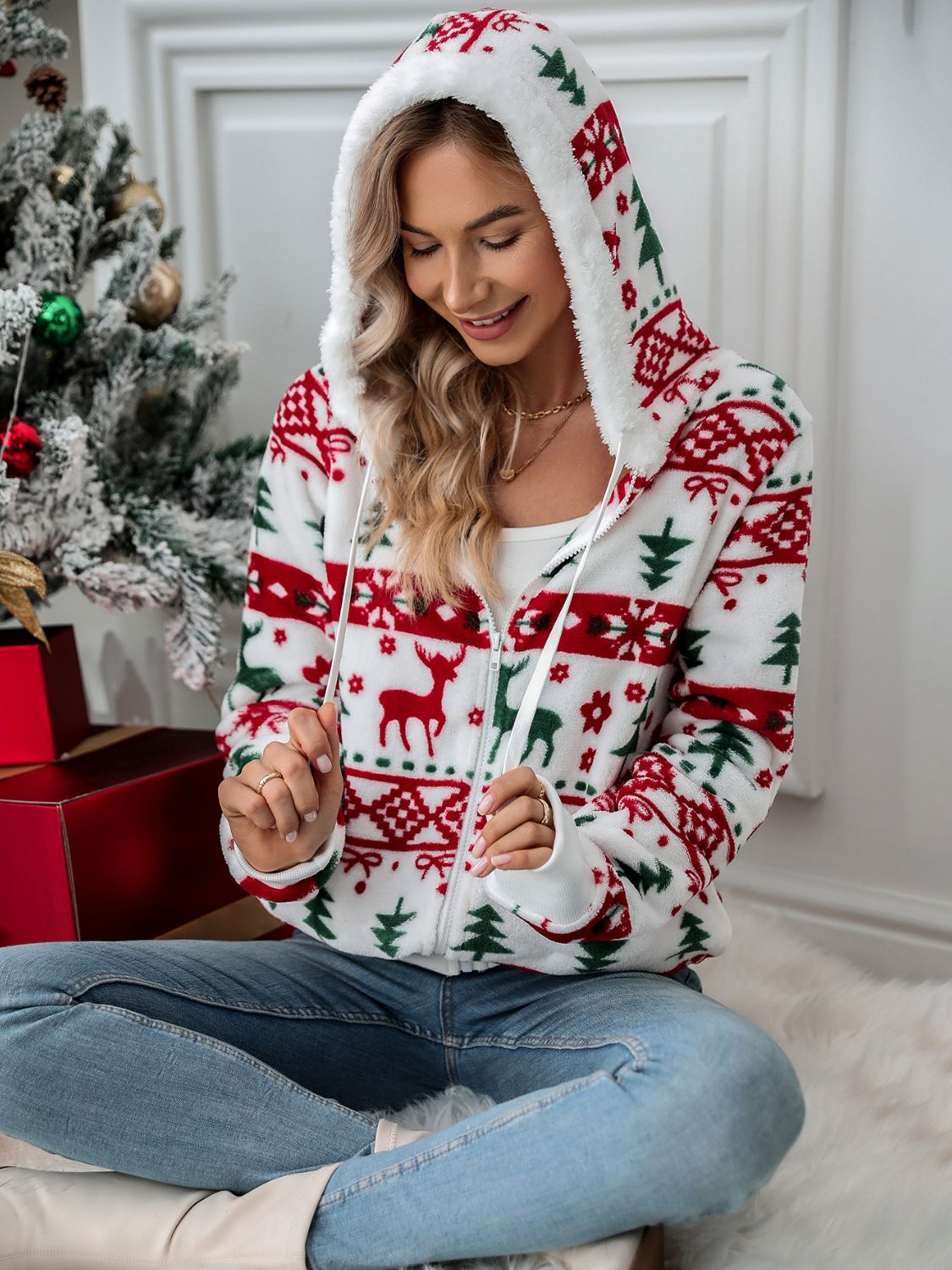 Christmas Drawstring Zip-Up Hooded Jacket - Cozy Holiday Pullover for Winter Outfits & Festive Gatherings