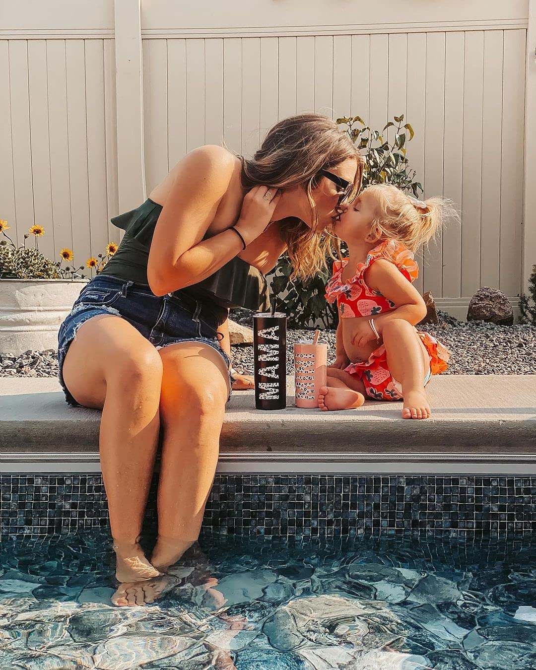 Lucky Love Mama & Mini Stainless Steel Insulated Cups - Leopard Print 3D Tumbler Set with Lids & Straws for Kids & Adults | Spill-Proof Mom & Toddler Drinking Cups | Perfect for Travel, School & Family Outings (Mini Black)