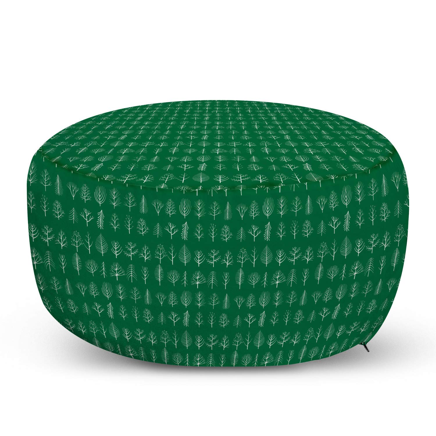 Ambesonne Forest Pouf Cover with Zipper - Doodle Tree & Leaf Herbs Nature Pattern in Green & White - Soft Decorative Fabric Unstuffed Case 30