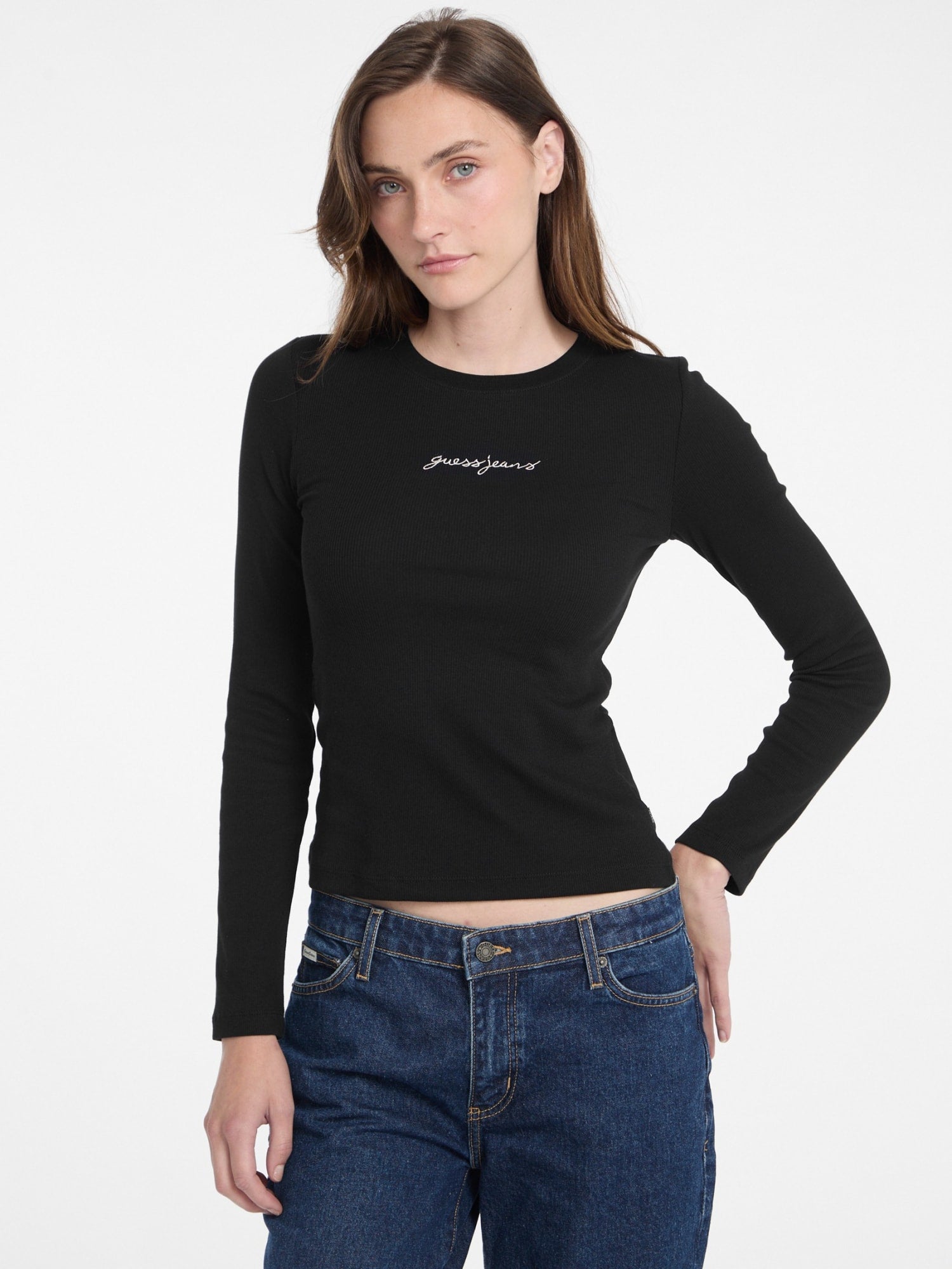 Guess Women's Black Slim Rib T-Shirt - Stretch Cotton Tee for Casual Wear & Layering