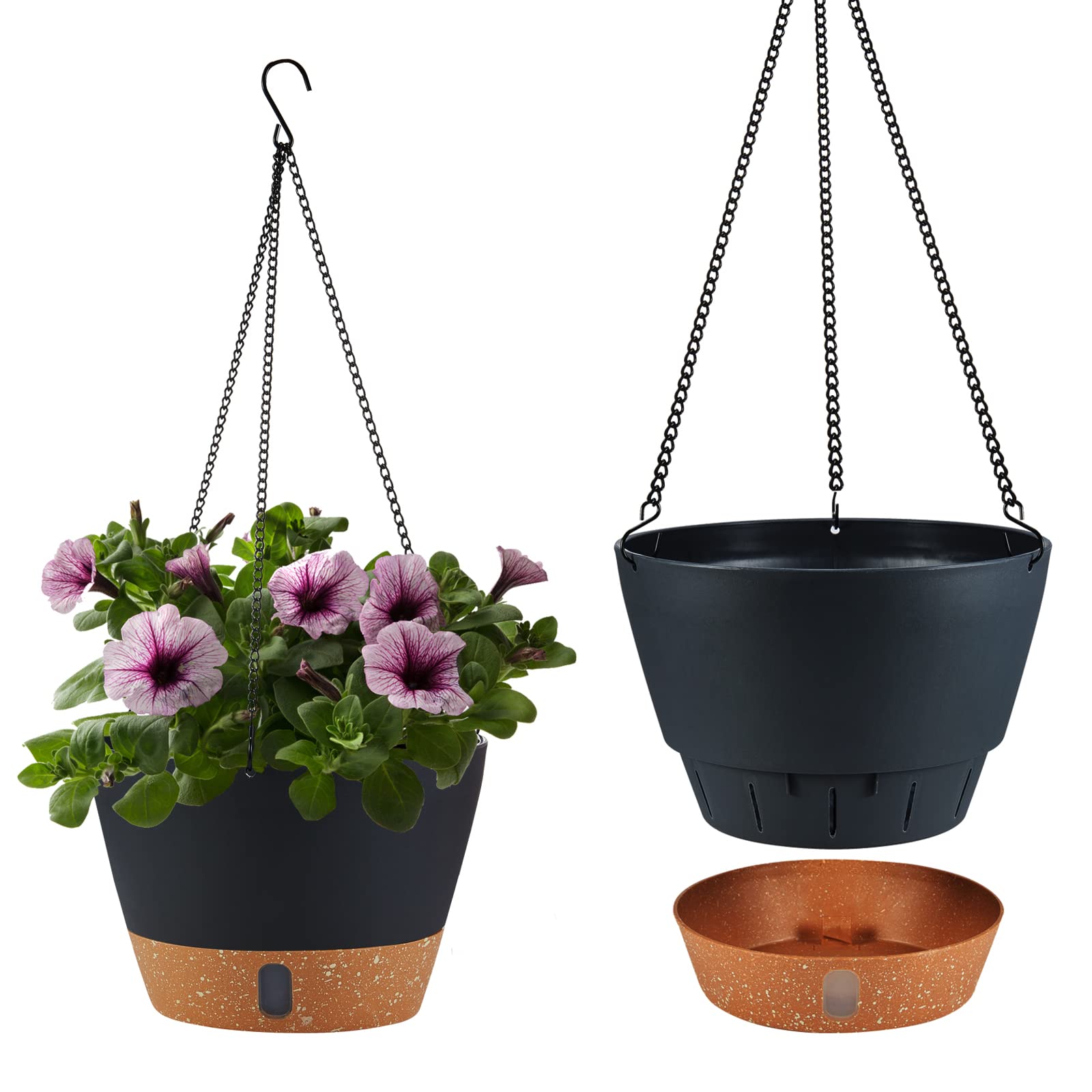 2 Pack 10 Inch Hanging Planters for Indoor Outdoor Plants - Self Watering Flower Pot Basket with Drainage Hole, Removable Tray & Hooks - Dark Grey - Perfect for Balcony, Patio, Garden Decor and Home Office Plants