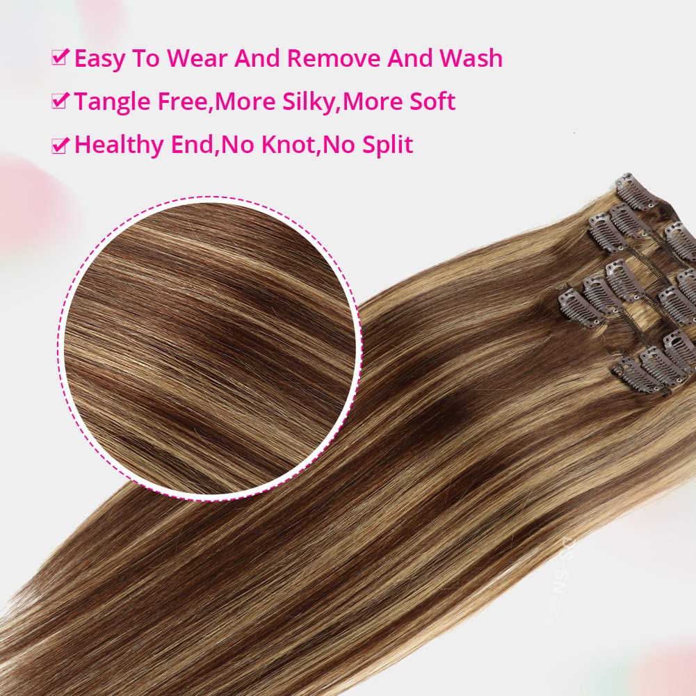 Asteria Clip In Hair Extensions 16 Inch - 7pcs 120g Real Human Hair Straight Extensions for Women (Chocolate Brown to Caramel Blonde Highlights) - Perfect for Parties, Weddings & Everyday Volume Boost