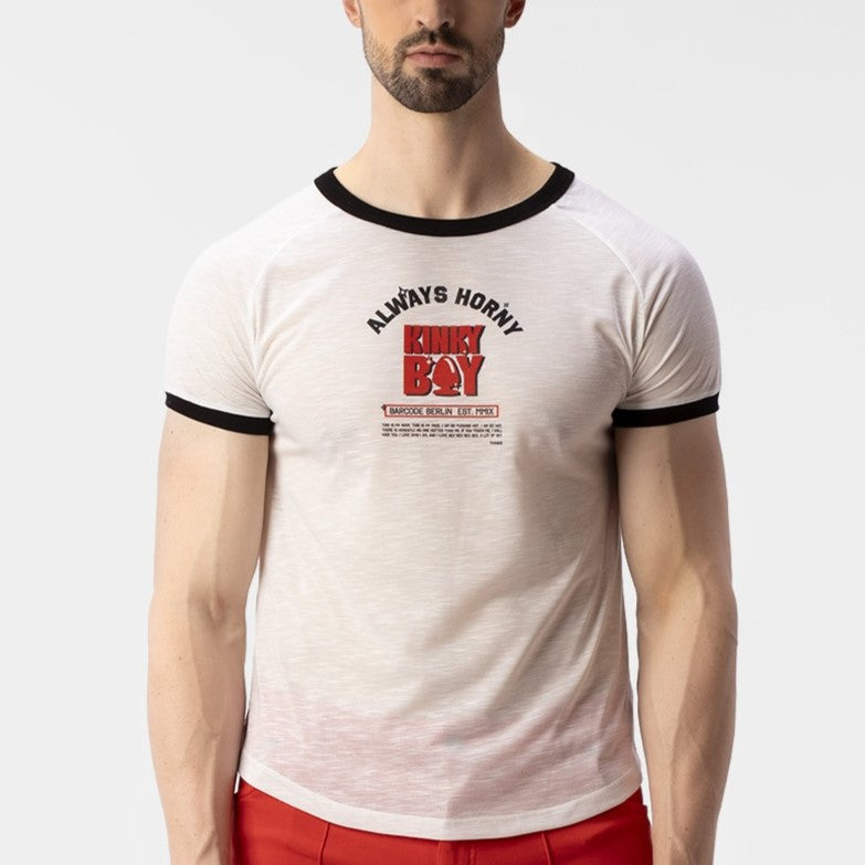 Barcode Berlin Always Horny Kinky Boy Graphic T-Shirt - White Cotton Unisex Tee for Nightclubs, Parties & Alternative Fashion
