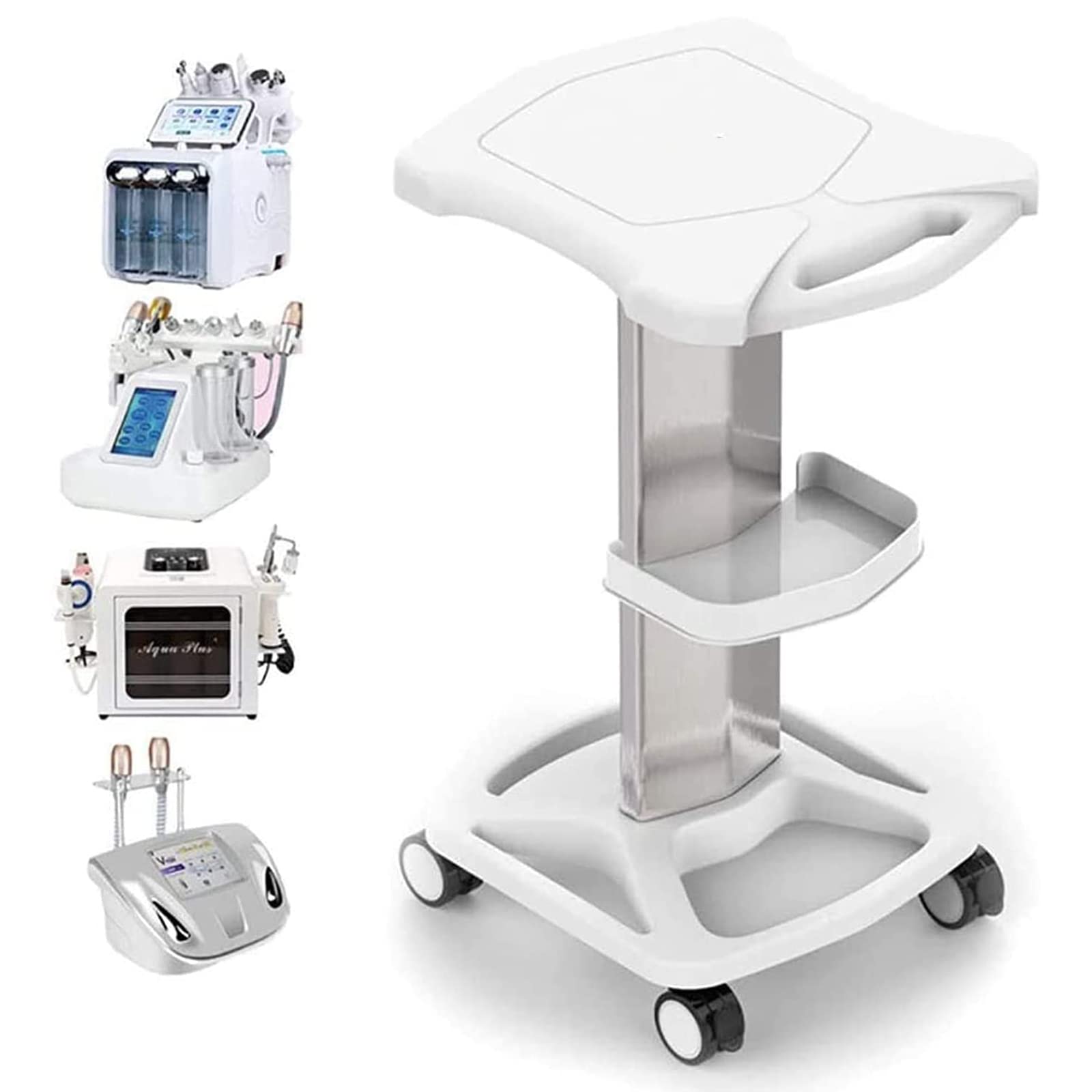 Professional Salon Trolley Cart - Aluminum Mobile Rolling Stand for Ultrasonic Cavitation, RF Machines & Spa Equipment | Medical Grade Manicure Shelf with Wheels (White) | Perfect for Beauty Salons, Spas & Home Use