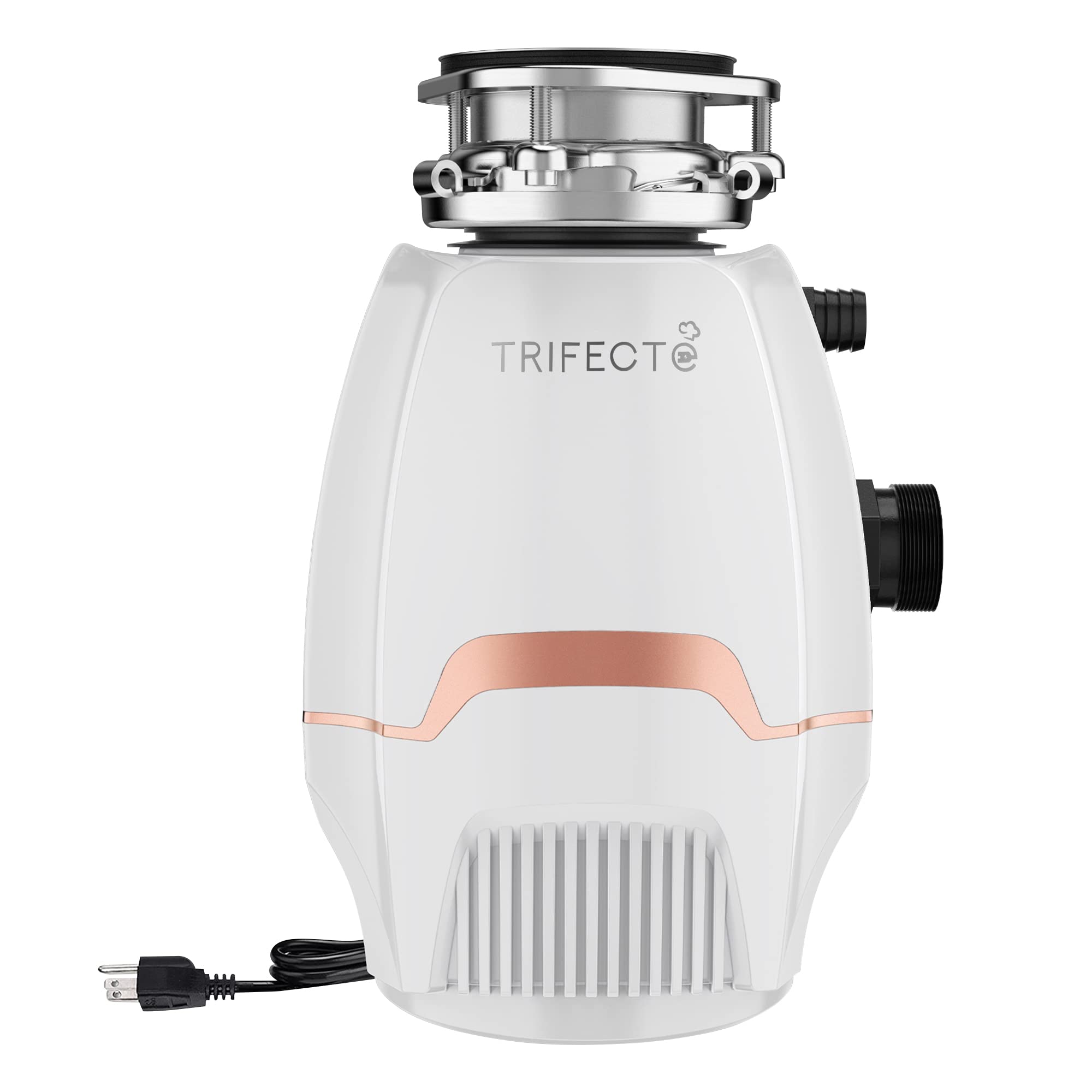 Trifecta 3/4 HP Quiet Garbage Disposal with Sound Reduction Technology - Continuous Feed Food Waste Disposer, 3800 RPM, Includes Power Cord & Dishwasher Hookup (White) - Perfect for Kitchen Sink Waste Management & Dishwasher Drainage