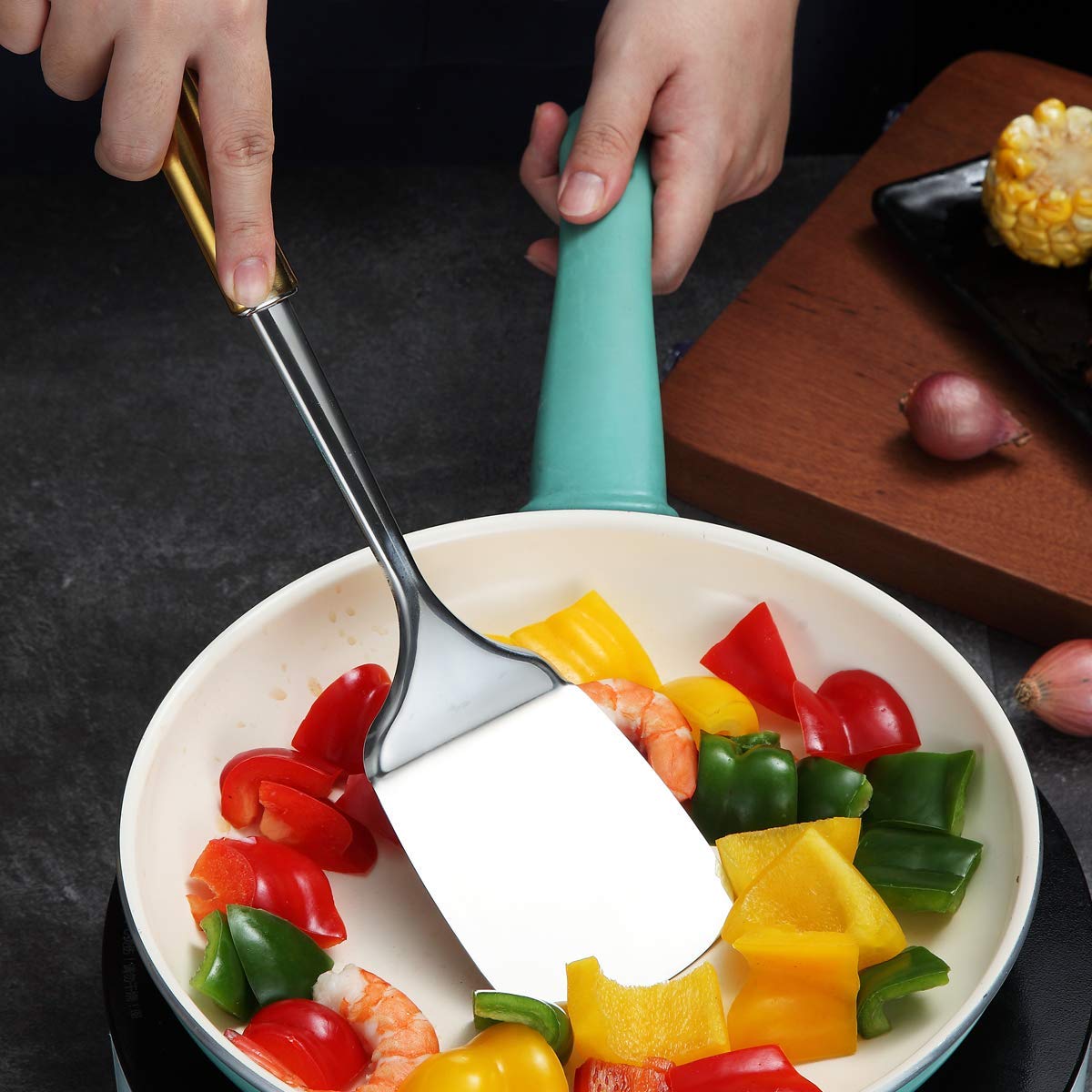 Premium Stainless Steel Spatula with Gold Handle - Titanium Plated Solid Turner for Cooking, Flipping, BBQ & Fish - Durable Kitchen Utensil for Grilling, Frying & Baking (Gold Handle)
