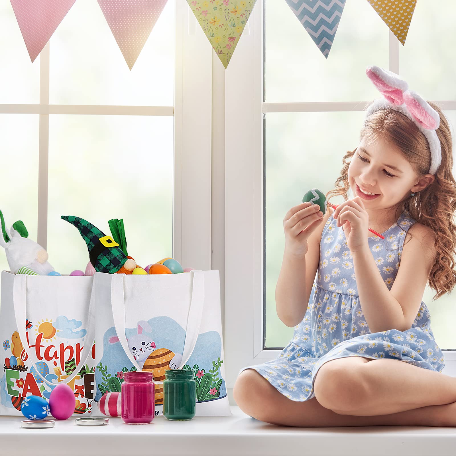 AKEROCK 3-Piece Easter Tote Bags with Handles - Large Reusable Canvas Easter Baskets for Kids Egg Hunt, Easter Party Favors & Spring Gift Baskets