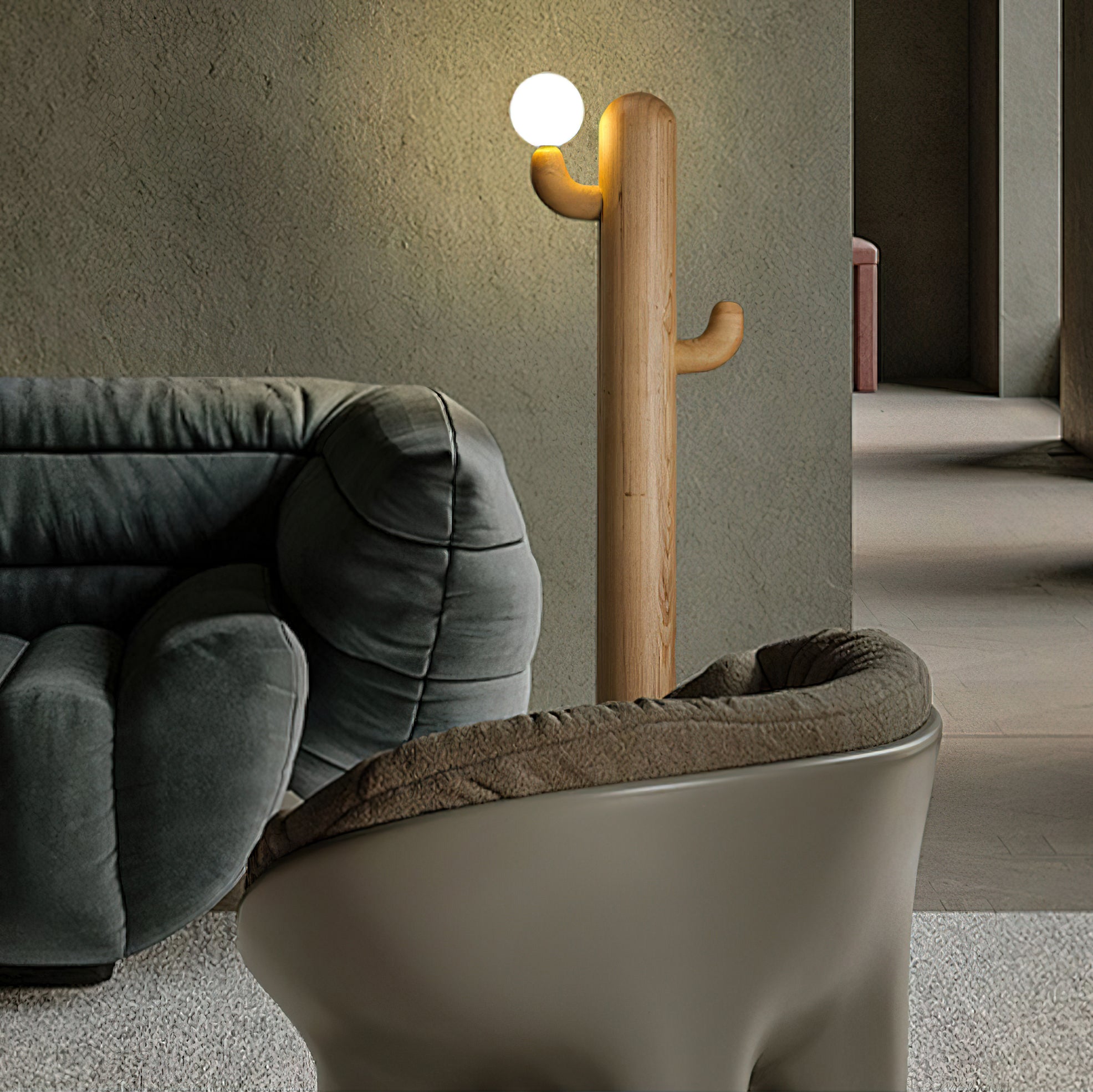 Modern Cactus Wood Floor Lamp - Handcrafted Natural Wood Standing Light for Living Room, Bedroom, or Office - Perfect for Ambient Lighting and Home Decor