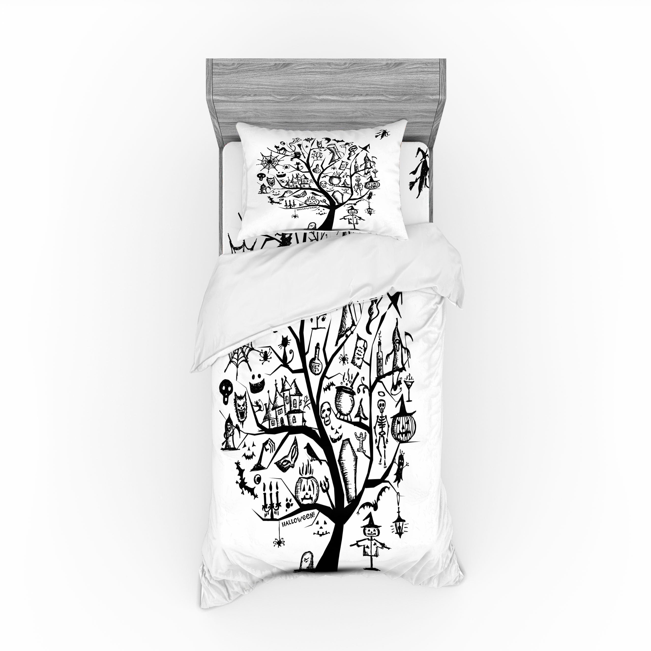 Ambesonne Halloween Duvet Cover Set - Spooky Tree & Witch Broom Design, 3-Piece Twin Size Bedding Set with Sham & Fitted Sheet, Black & White | Perfect for Halloween Decor & Gothic Bedroom Theme