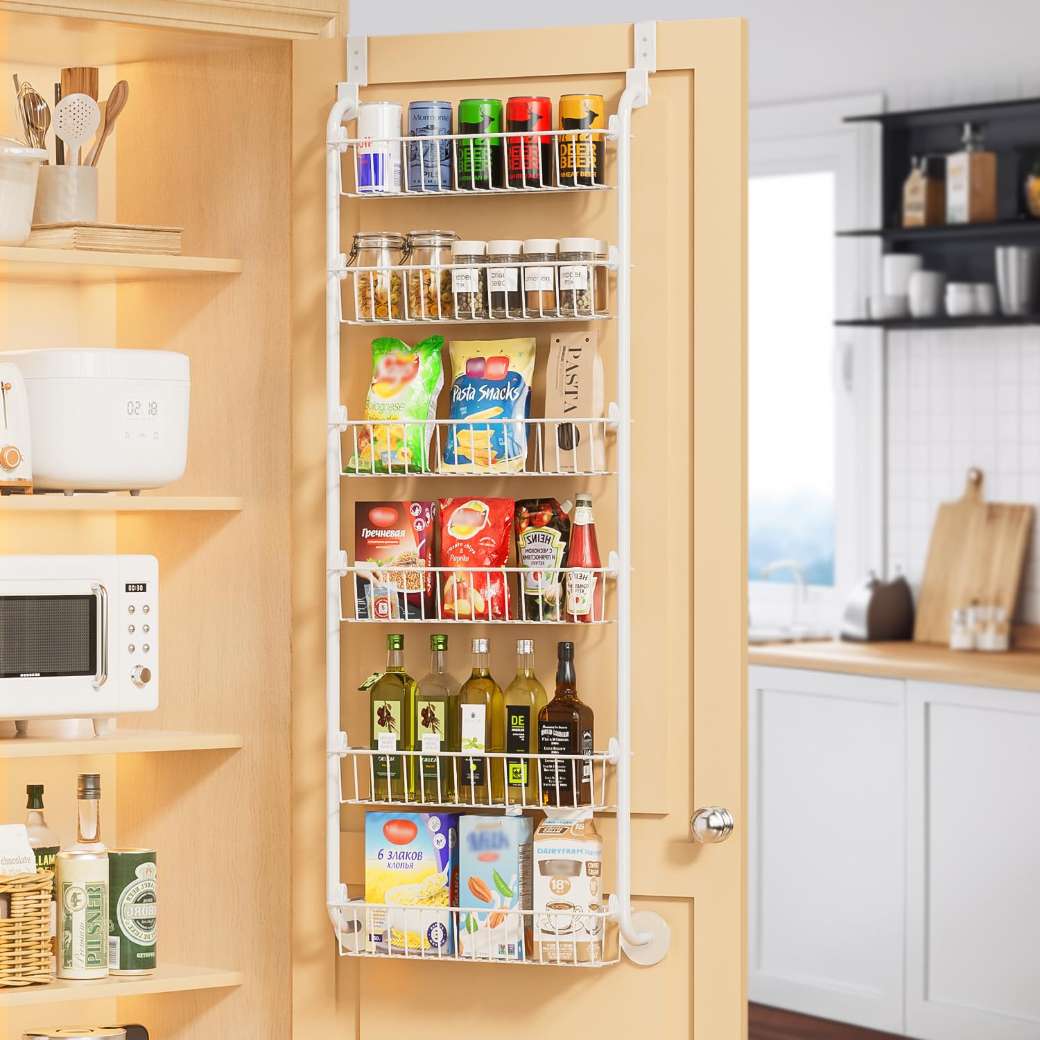Delamu 6-Tier Over the Door Pantry Organizer - White Metal Cabinet Door Storage & Hanging Spice Rack Shelves (D5 x W18 x H50 inch) - Perfect for Kitchen, Pantry, Bathroom & Closet Organization