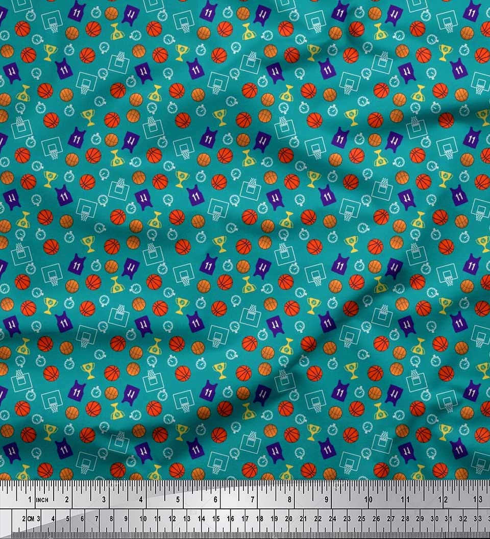 Soimoi 42 Inch Wide Satin Silk Fabric - Trophy, Timer Clock & Basketball Sports Printed Craft Fabric by The Yard - Perfect for DIY Projects, Costume Making, and Home Decor