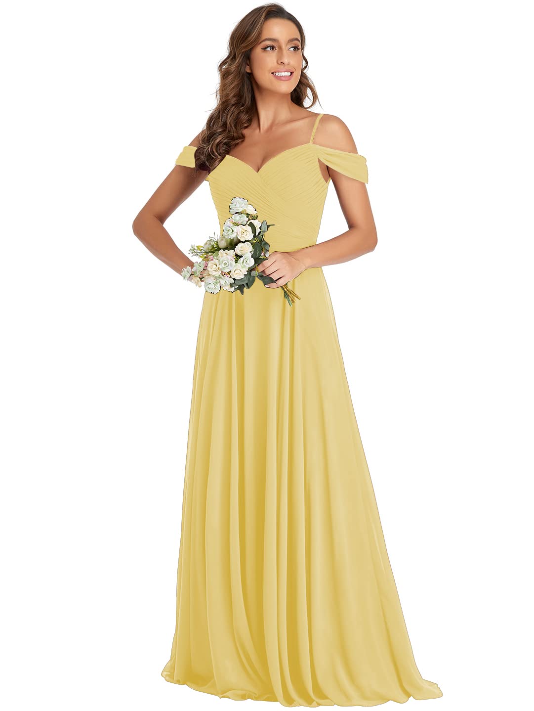 Elegant Yellow Off-the-Shoulder Chiffon Bridesmaid Dress - Long Formal Prom Gown for Weddings & Special Occasions - Size 10 - Perfect for Wedding Parties, Evening Events & Formal Dances