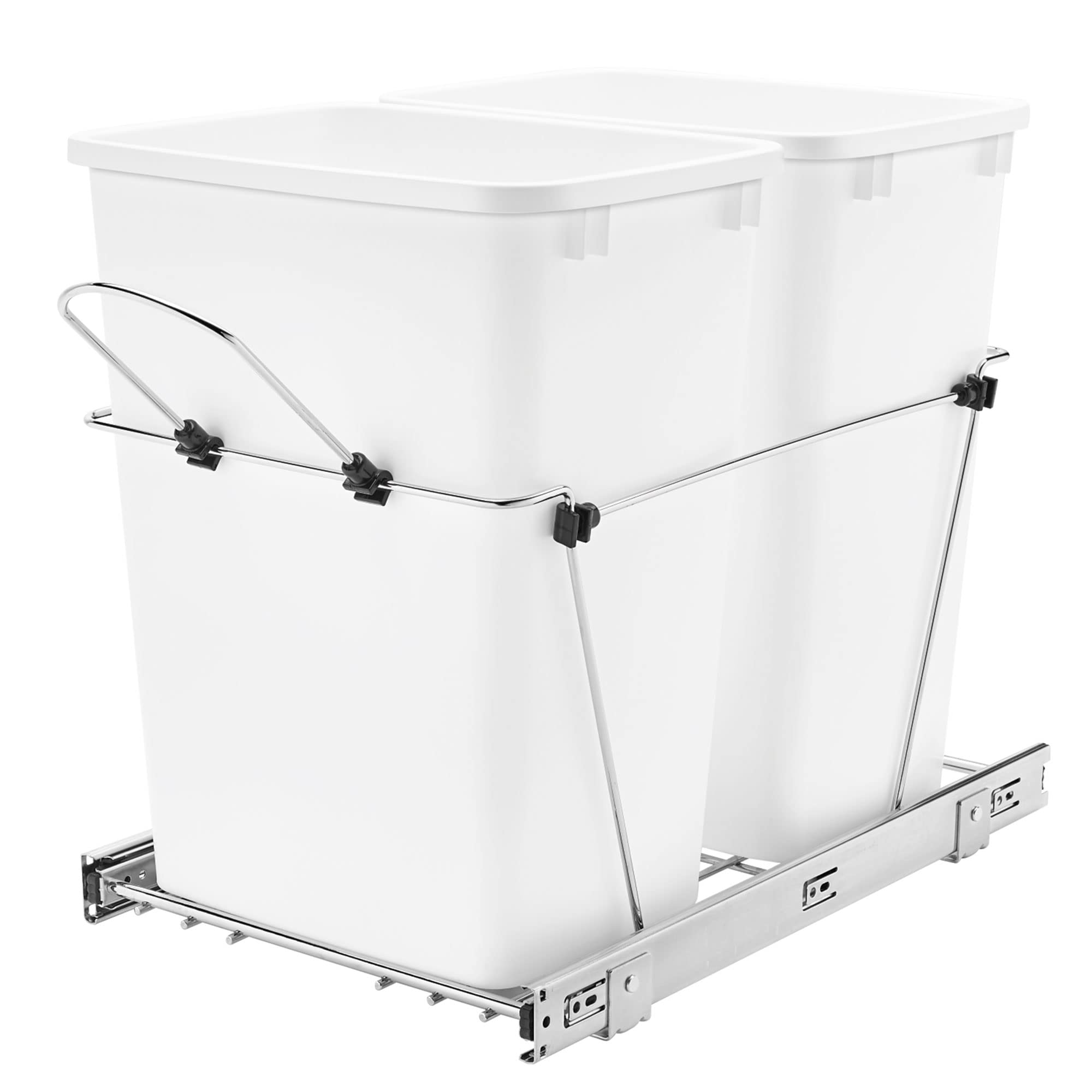 Rev-A-Shelf 35 Qt White Double Pull-Out Trash Can & Recycling Bin for Kitchen Cabinets - Full Extension Slides, RV-18KD-11C - Perfect for Waste Management in Small Spaces & Under Sink Organization