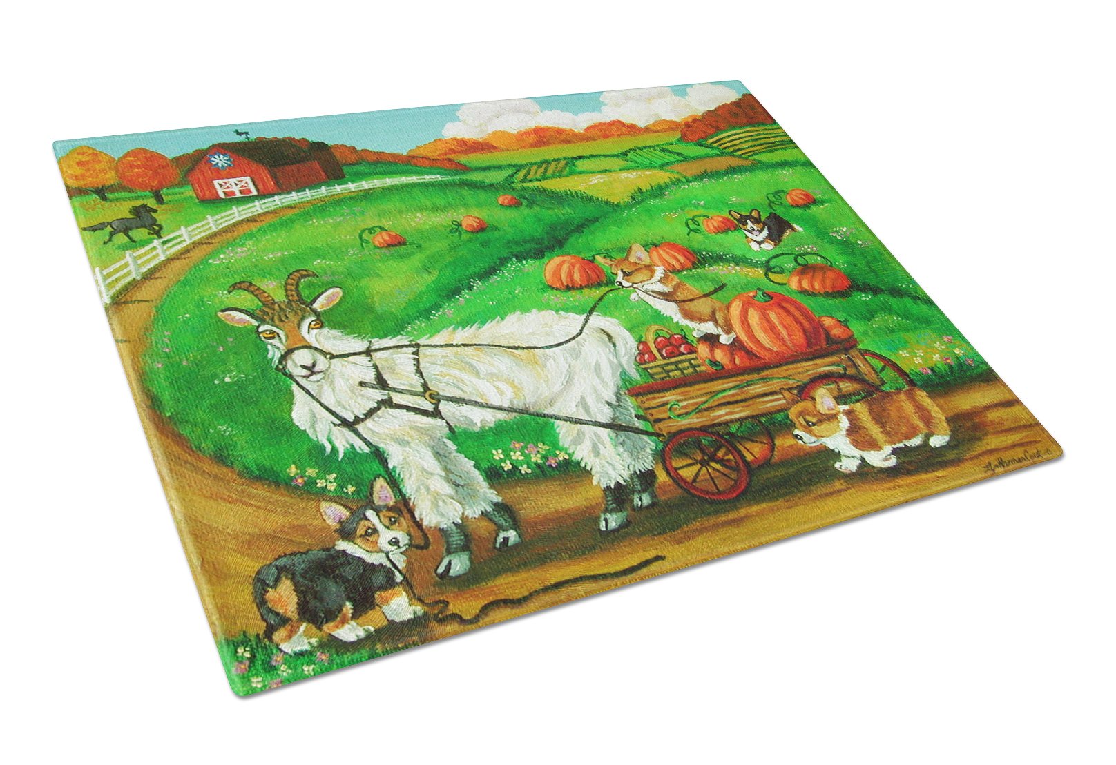 Caroline's Treasures 7414LCB Corgi Pumpkin Ride with Goat Tempered Glass Cutting Board - Large Decorative Kitchen Chopping & Serving Board for Holiday Entertaining, Thanksgiving Decor, and Everyday Use