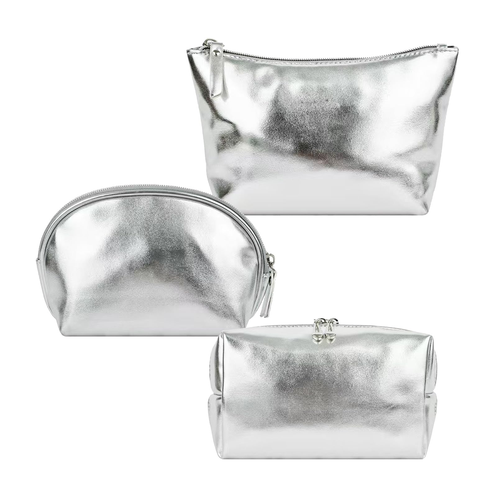 3-Piece Leather Makeup Bag Set for Women - Travel Cosmetic & Toiletry Organizer Pouch with Personalization - Skincare Storage Case in Silver | Perfect for Travel, Gym, and Daily Beauty Essentials