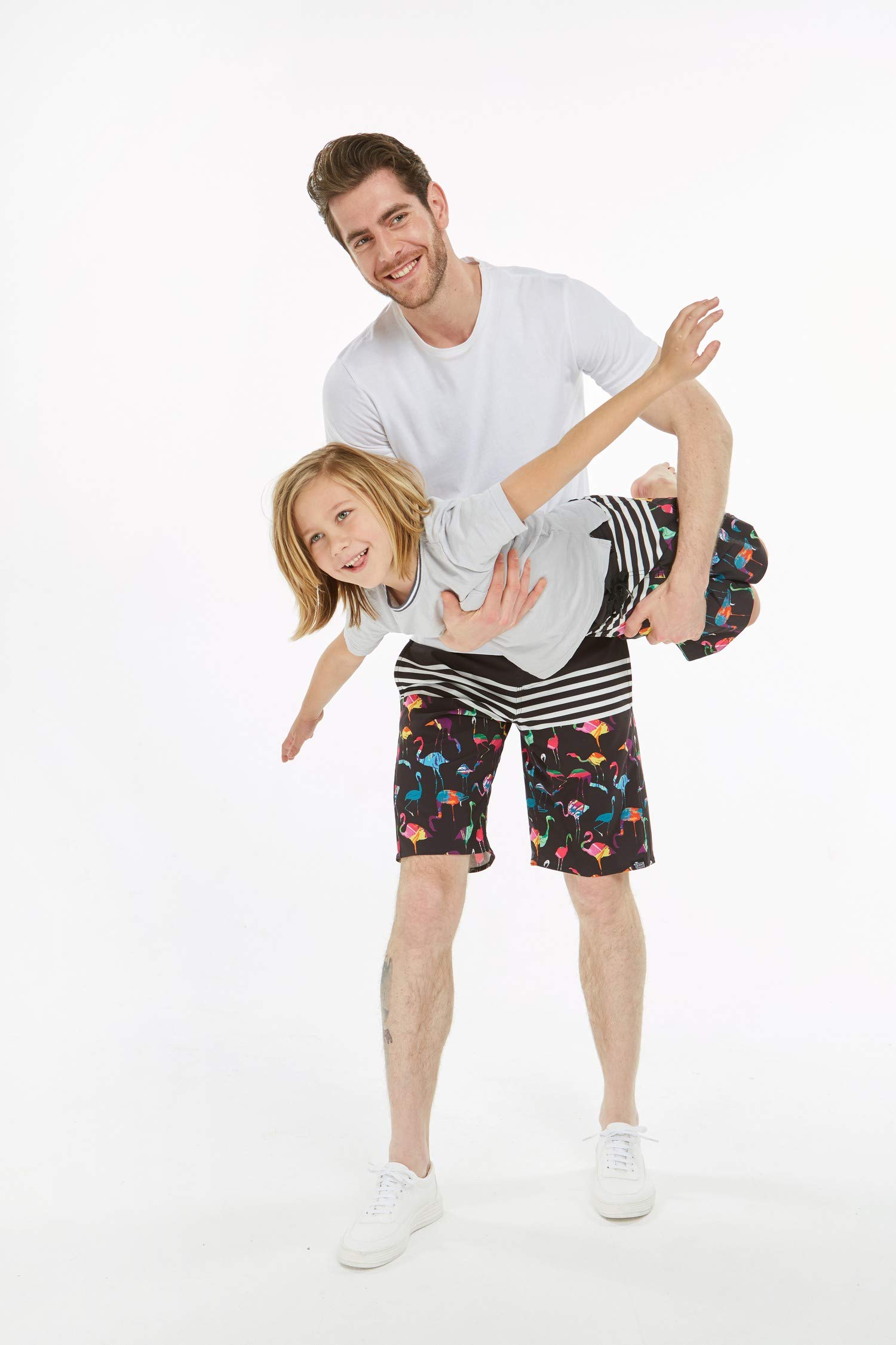Father & Son Matching Hawaiian Beach Board Shorts - Quick-Dry Spandex Swim Trunks with Flamingo Print - Perfect for Pool Parties, Beach Vacations & Family Outings