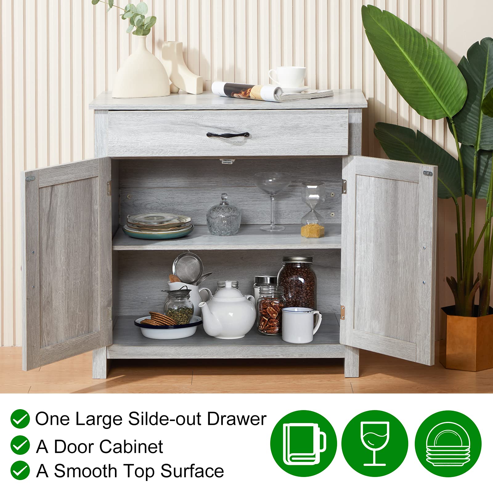 Modern Farmhouse Kitchen Sideboard Buffet Cabinet with Drawer & Adjustable Shelf - Grey Storage Cabinet for Coffee Bar, Dining Room, Entryway & Bathroom Organization | Perfect for Home Decor, Kitchen Storage & Small Space Solutions