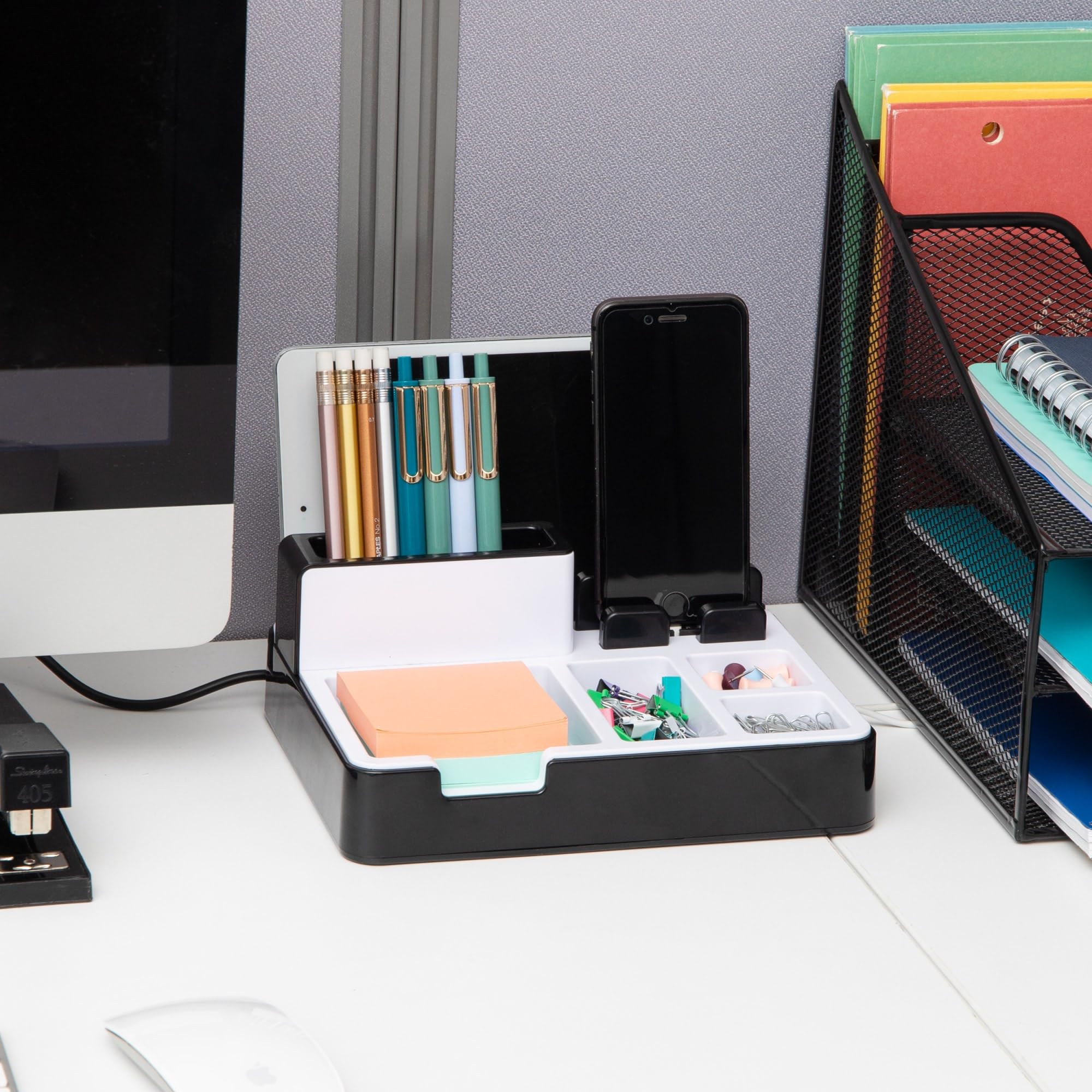 Mind Reader Desktop Organizer & Charging Station - Black & White Office Accessory Storage (8.5