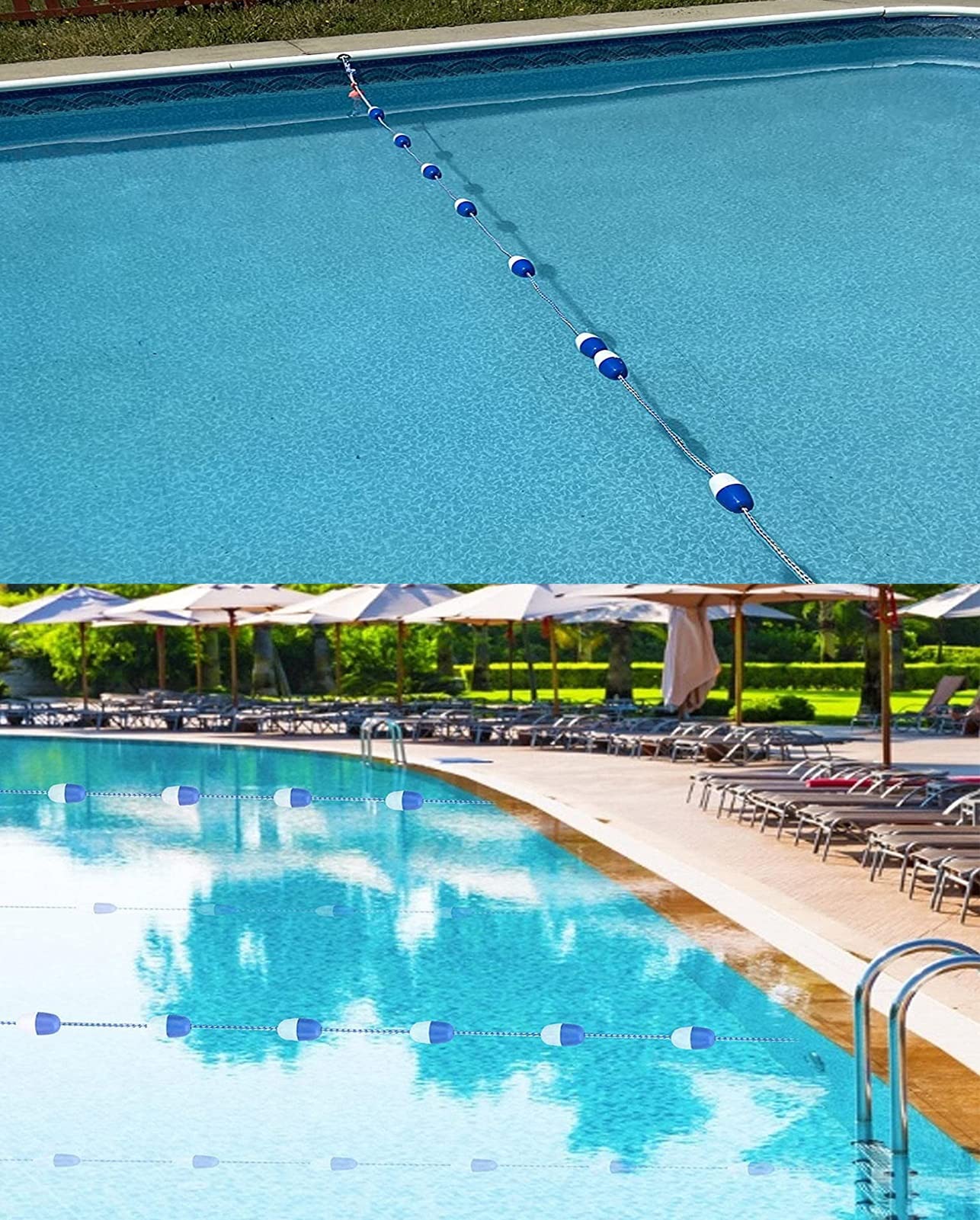 LVLONG Blue & White Pool Rope Float Keepers - Durable Polyethylene Safety Lane Divider with Floats for Swimming Pool Training & Competition (7m/23ft) - Perfect for Swim Meets, Lap Swimming & Water Safety