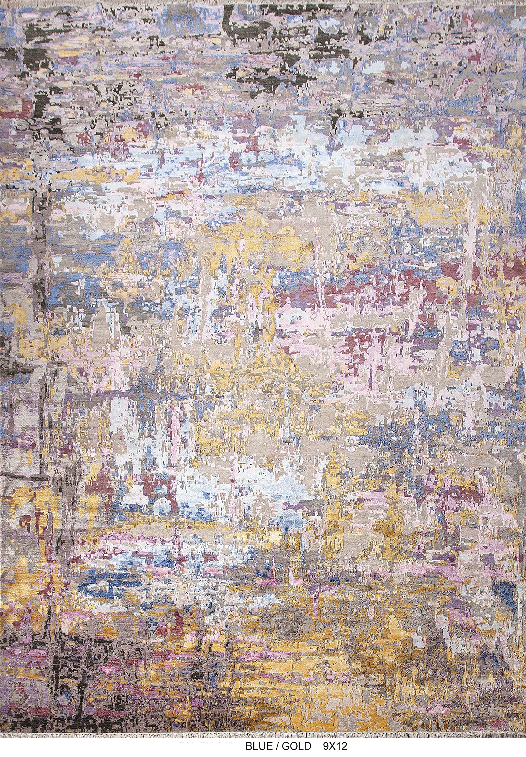 9'x12' Hand Knotted Contemporary Wool & Natural Silk Area Rug - Blue & Gold Oriental Design | BLACK KNIGHT RUGS | Perfect for Living Room, Bedroom & Office Decor