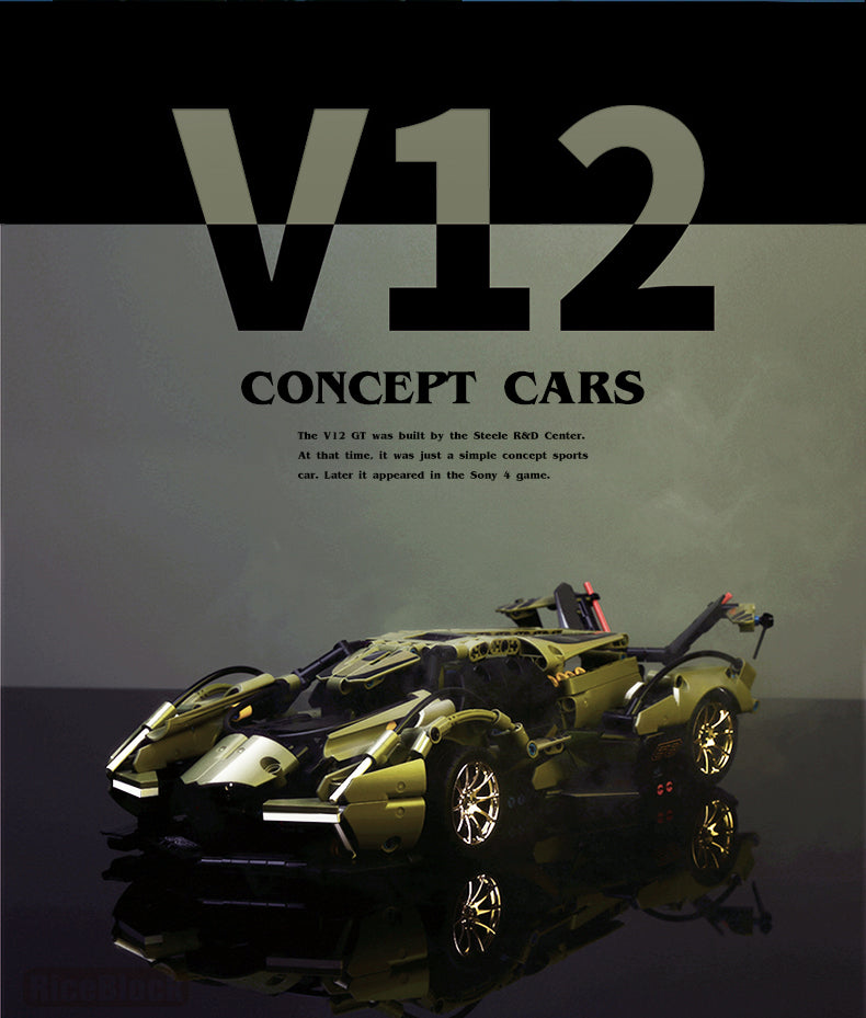 SY BLOCK Technical Lamborghini V12 Model Kit - High Precision DIY Building Blocks for Adults & Teens - Perfect for Car Enthusiasts, Collectors and Home Office Decor