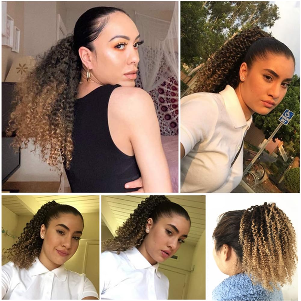 Two Tone 1B/27 Kinky Curly 4C Human Hair Ponytail Extension - 24 Inch 110g Natural Black to Honey Blonde Clip-in Drawstring Ponytail for Women | Perfect for Protective Styling, Parties & Everyday Wear