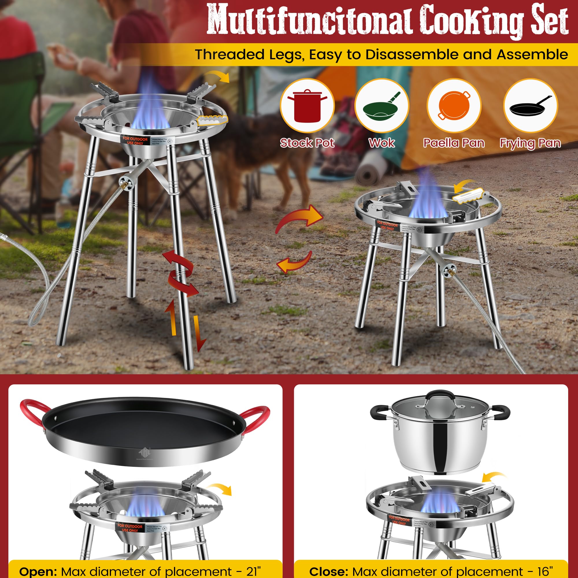 Nonstick Paella Pan Set with Stainless Steel Burner & Stand - 21 Inch, 16 Servings - Includes Propane Burner Head, Carry Bag, Wok Spatula & Foldable Brackets - Perfect for Outdoor Cooking, Parties & Spanish Cuisine