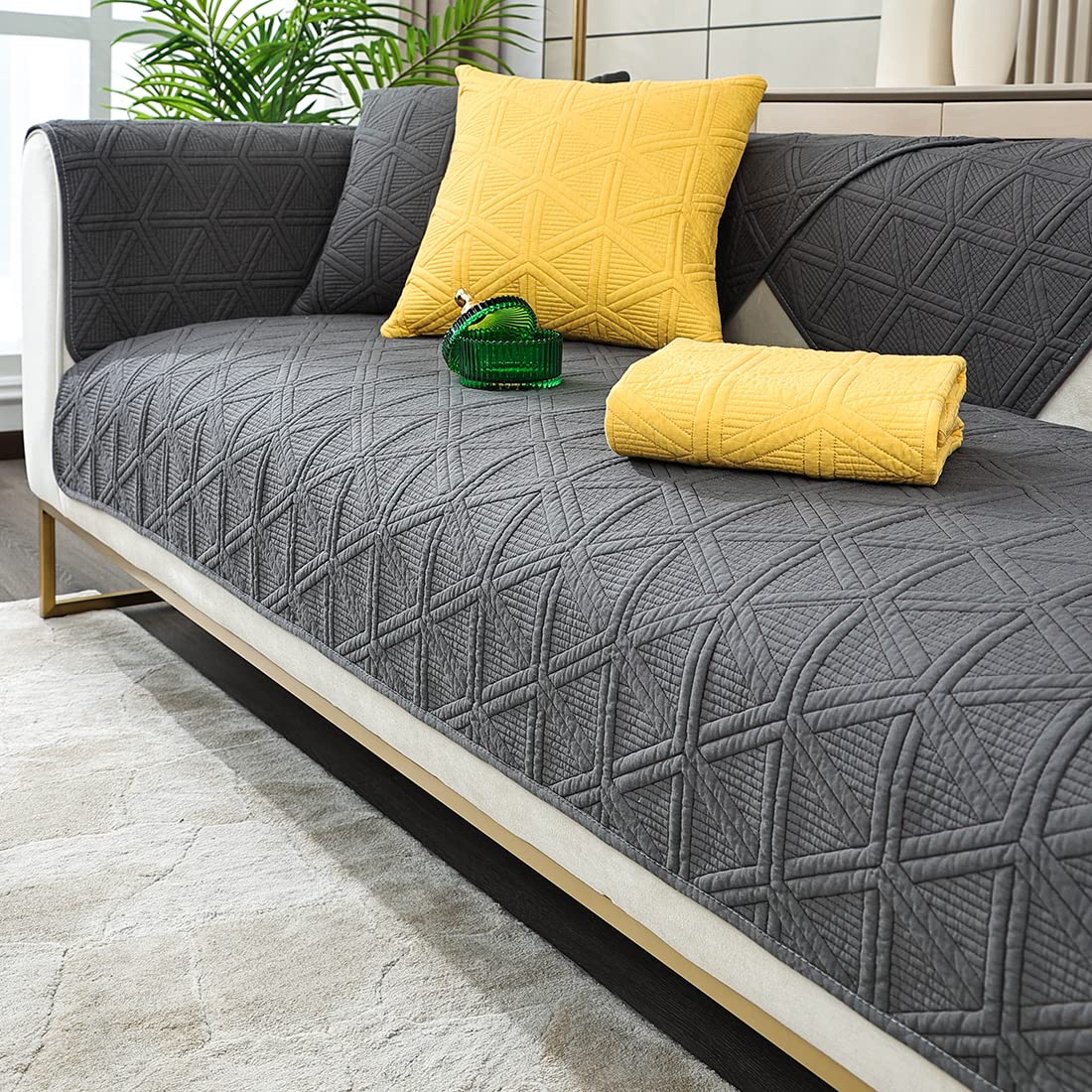Geometric Embroidery Sofa Cover - Non-Slip Cotton Quilted Couch Slipcover with Triangle Pattern, Dark Gray 36x82 Inches - Perfect for Sectional Couches, Living Room Furniture Protection & Home Decor