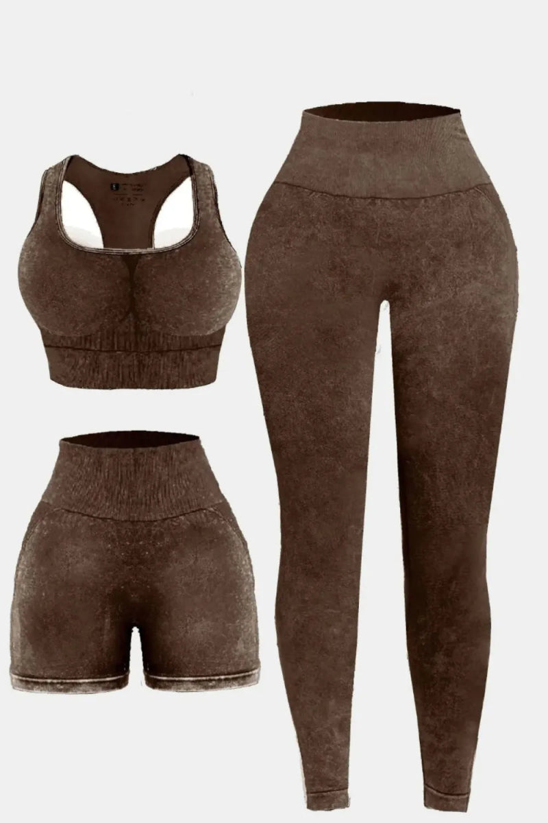 3 Piece Washed Square Neck Wide Strap Active Set for Women - Gym, Yoga & Lounge Wear - Comfortable Workout Outfit for Running & Pilates