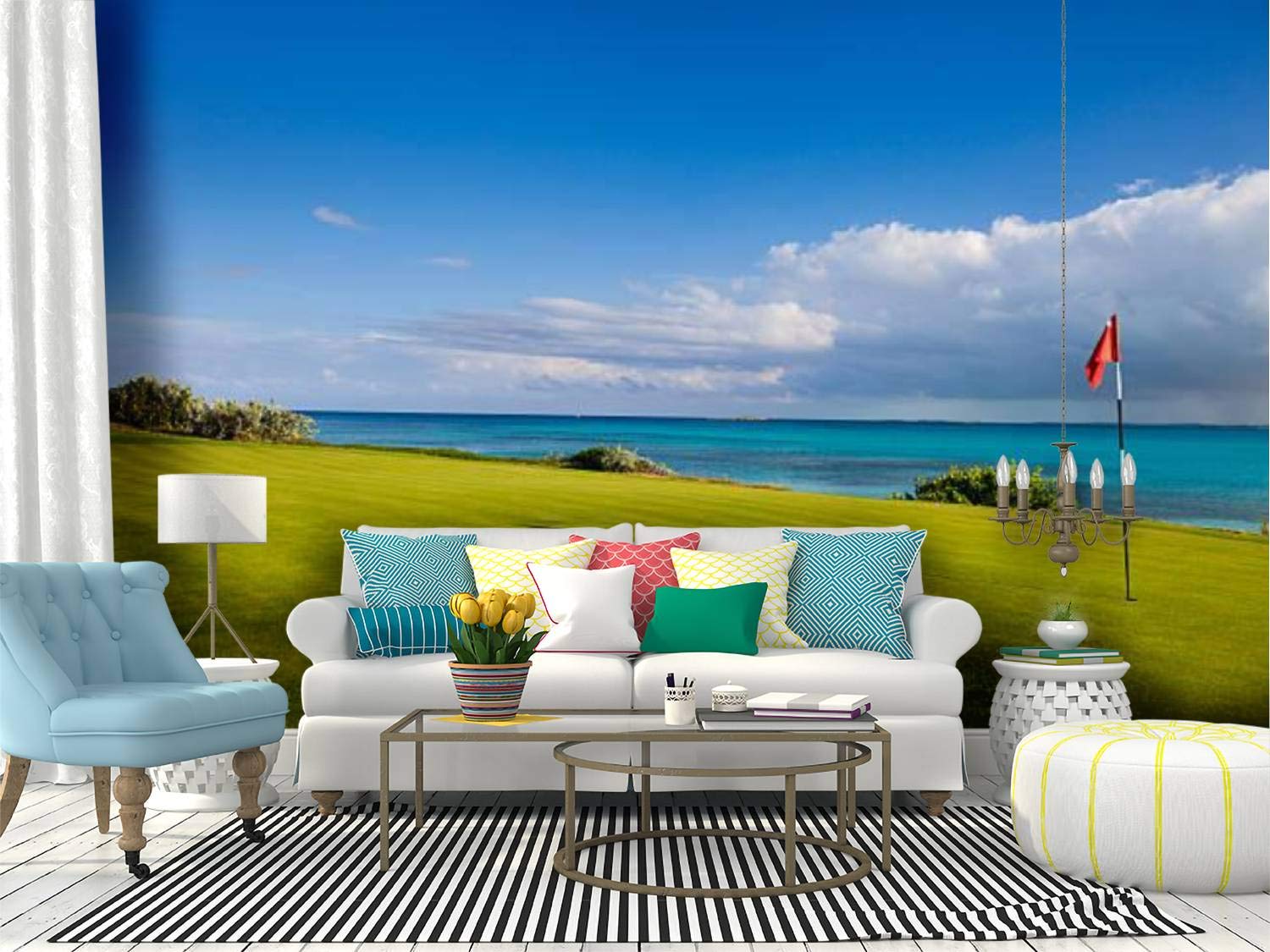 Premium Peel and Stick Wallpaper - Golf Course & Beach Scenery Self-Adhesive Vinyl Wall Mural - Large Removable Wall Sticker for Home Decor, Office & Nursery - Easy DIY Shelf Paper & Wall Film Roll