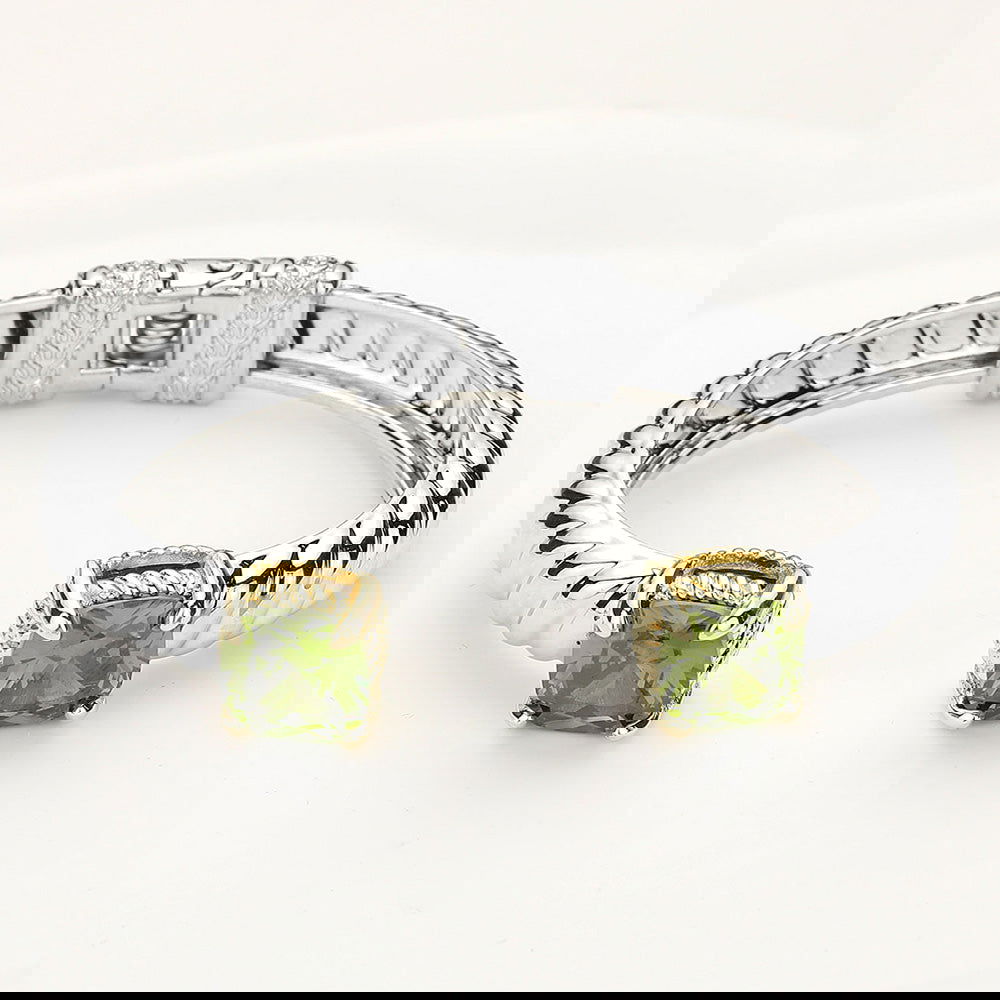 Olive Green CZ Stone Square Tip Two-Tone Twisted Metal Hinged Cuff Bracelet for Women - Elegant Fashion Jewelry Gift for Parties, Weddings & Special Occasions