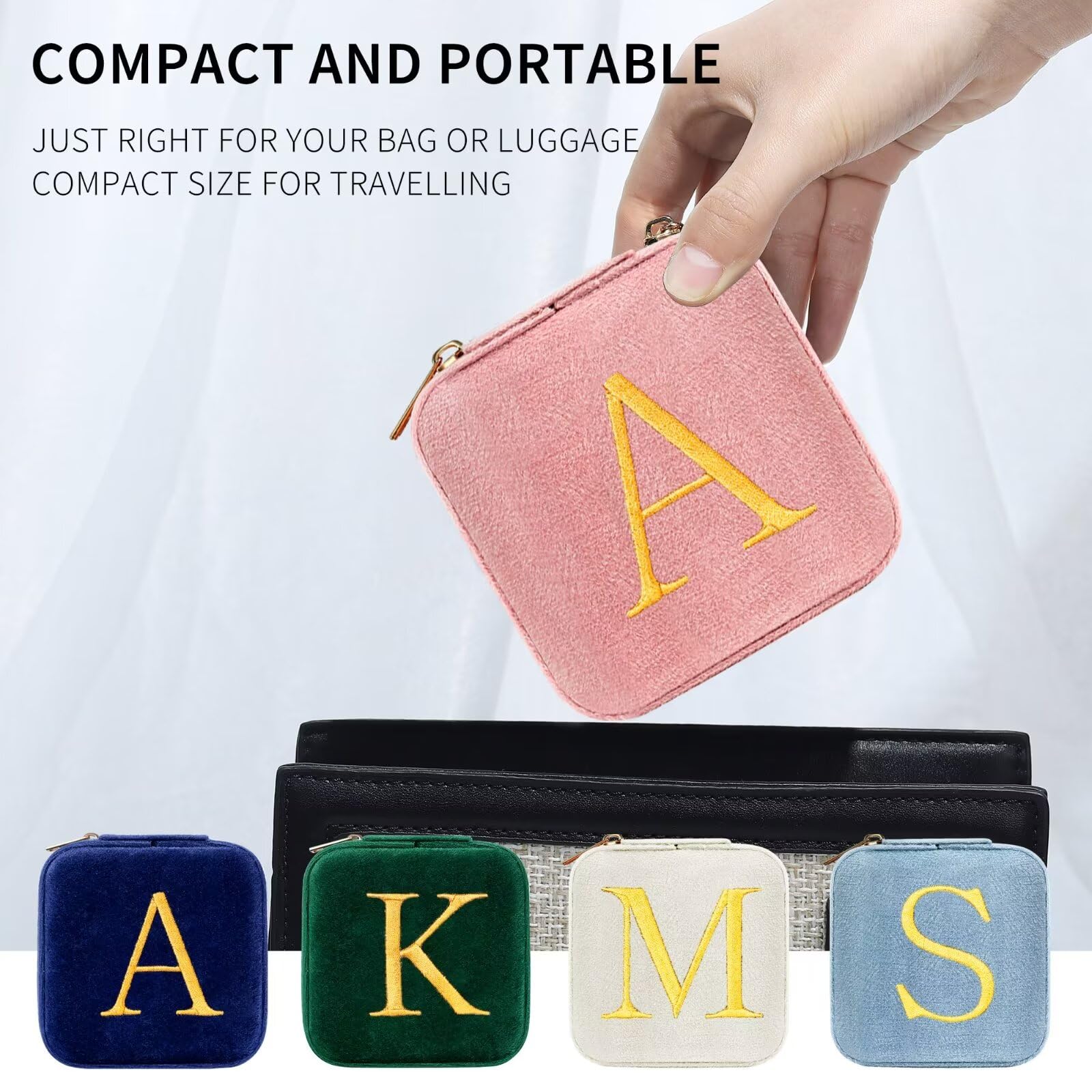 Parima Velvet Travel Jewelry Box for Women - Small Plush Jewelry Organizer with Monogram Initial, Personalized Gift for Her | Perfect for Vacation, Business Trips & Bridal Accessories Storage