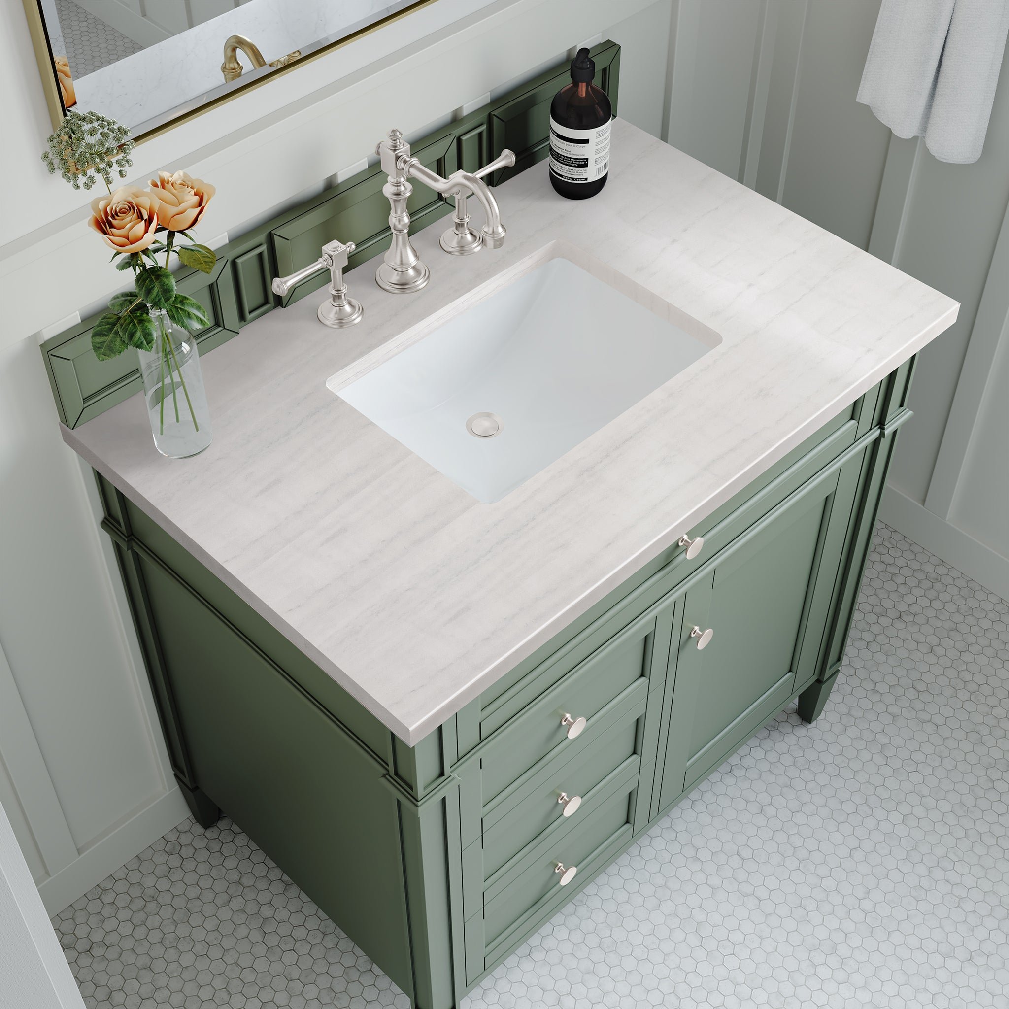 Brittany 36-Inch Single Bathroom Vanity with Smokey Celadon Finish & 3CM Arctic Fall Quartz Top - Perfect for Modern Master Bathrooms and Powder Rooms