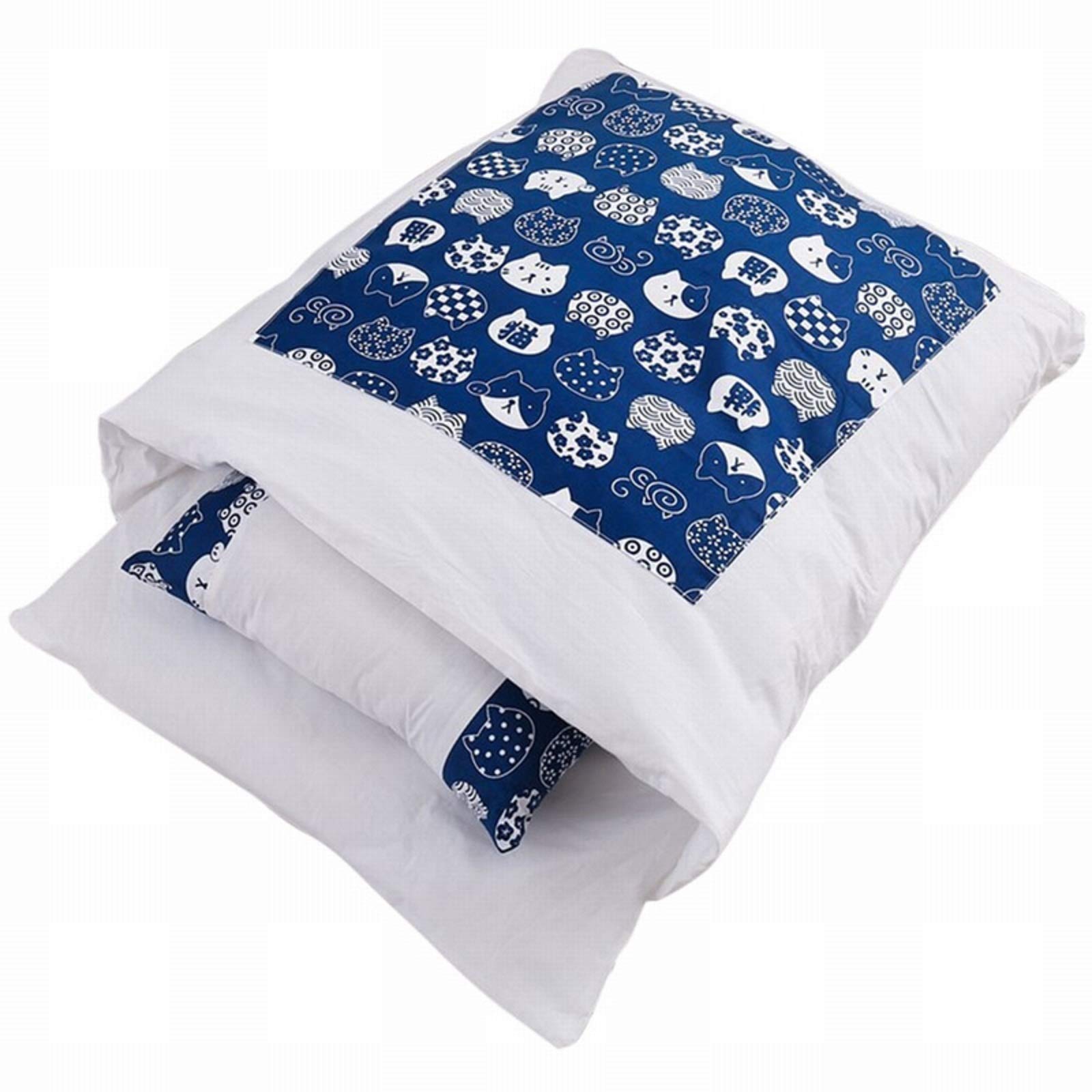Premium Winter Warm Cat Bed - Japanese Style Soft Cat Sleeping Bag with Pillow, Cozy Pet Kennel & Thick Quilt for Small Cats & Kittens (Blue) - Perfect for Indoor Cats & Cold Weather Comfort