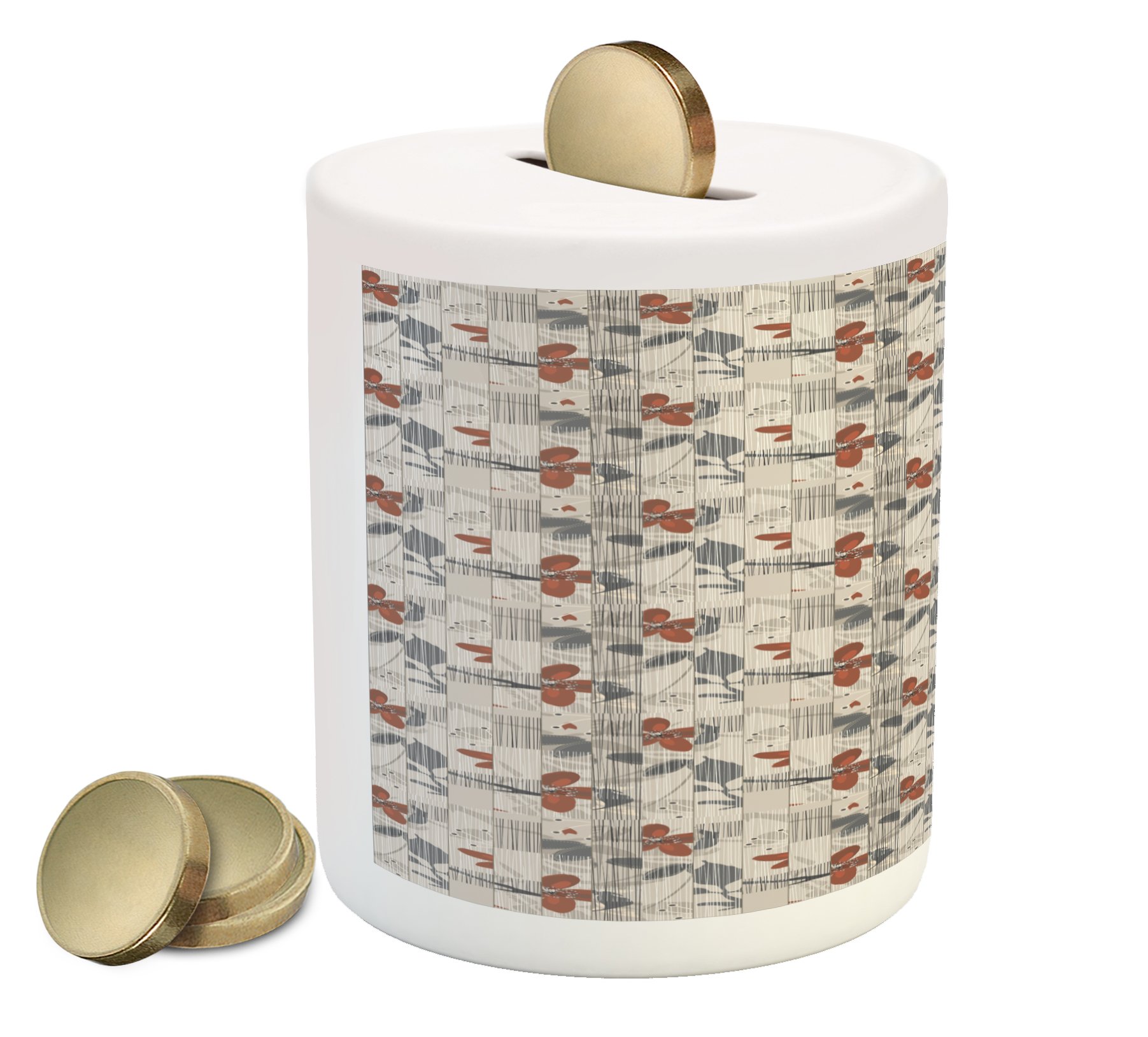 Ambesonne Floral Ceramic Piggy Bank - Abstract Spring Flowers with Vertical Lines Design, Dark Taupe Ruby Money Box for Cash Savings | Perfect Gift for Birthdays, Housewarming & Kids' Savings