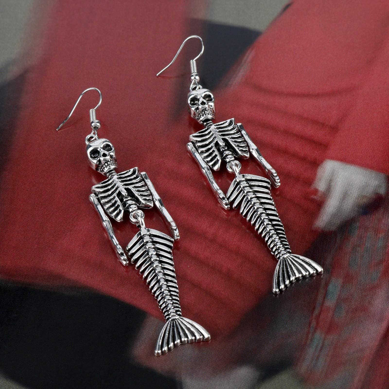 Vintage Silver Plated Human Skeleton Bones & Mermaid Skull Charm Dangle Earrings for Women & Men - Gothic Jewelry for Halloween, Cosplay, and Alternative Fashion