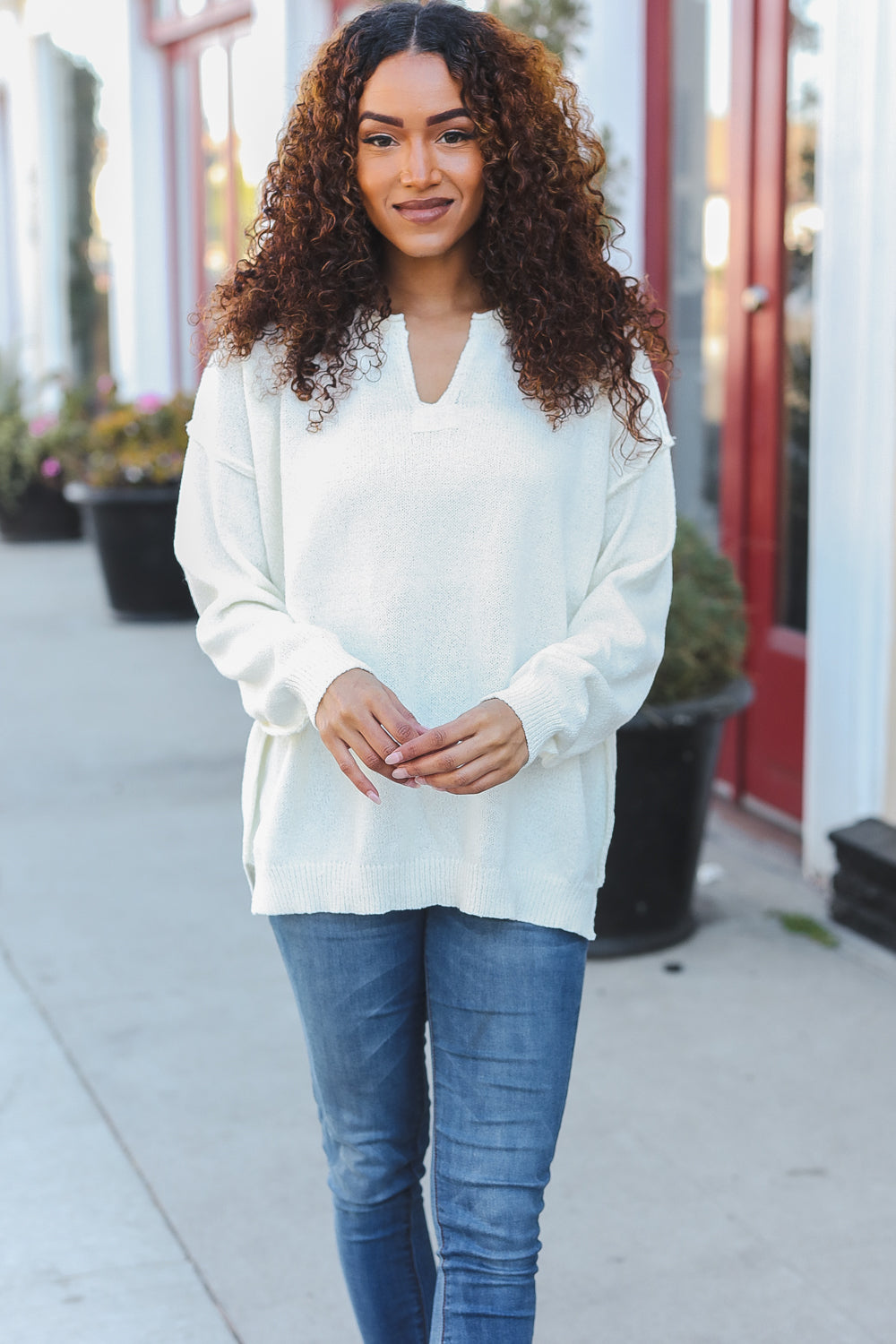 Ivory Oversized Notched Neck Patch Sweater - Cozy & Stylish Knit Pullover for Women | Perfect for Fall, Winter & Casual Outings