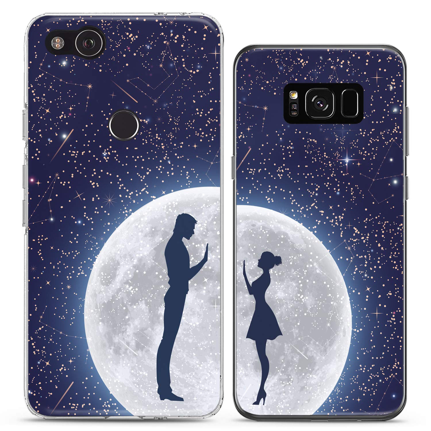 Matching Couple Phone Cases for iPhone 16/15/14/13/12/11 Pro Max/Mini/XS/X/8 Plus/7+/XR/SE - Romantic Moon & Stars Silicone Cover | Cute Relationship Gift for Girlfriend | Perfect for Date Nights & Anniversary Presents