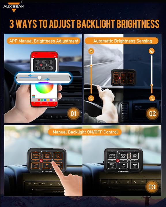 Auxbeam 6 Gang Switch Panel Bluetooth RGB AR-600 - Waterproof Toggle & Momentary Pulsed Modes - Multifunctional Manual/Automatic Backlit Control for Truck, Car, ATV & Boat - Perfect for Off-Roading, Marine & Custom Vehicle Lighting Upgrades