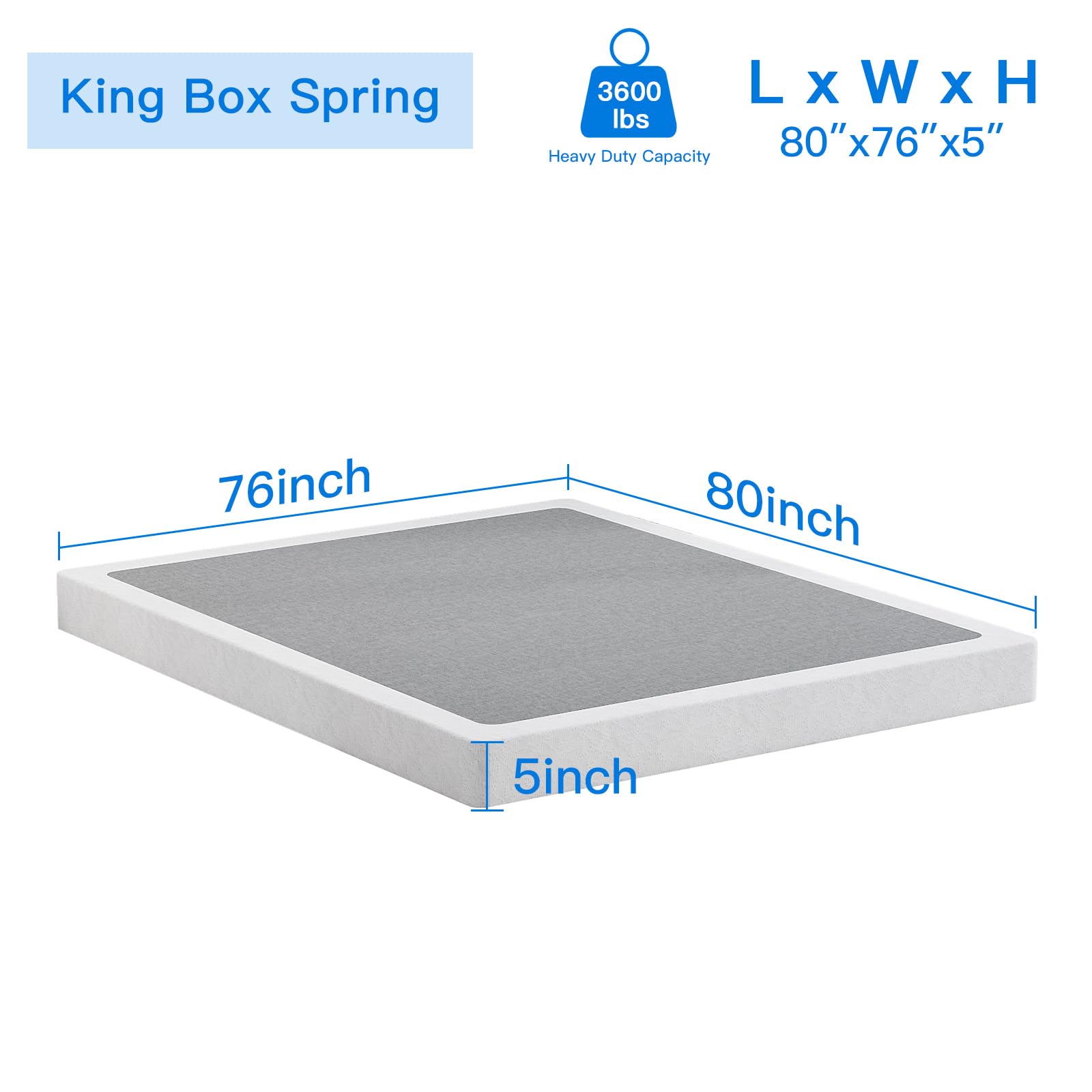 5 Inch Low Profile Box Spring for King Bed - Heavy Duty 3500lbs Metal Mattress Foundation with Easy Clean Fabric Cover | Non-Slip, Quiet, Easy Assembly | Perfect for Bedroom, Guest Room & Dorm | Box Spring Only (UOMEUR King Box Spring)