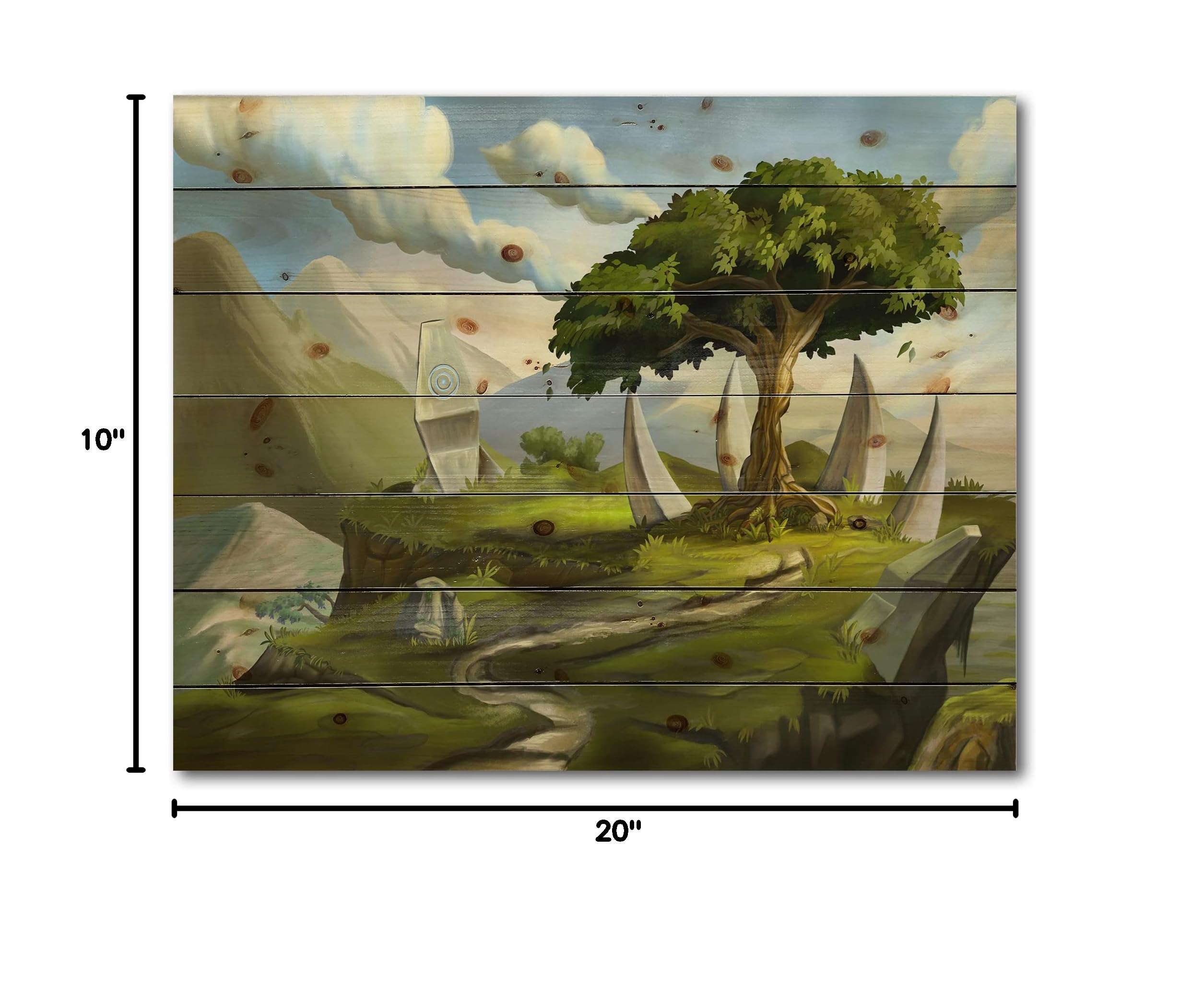 Fantasy Landscape Sacred Tree Wood Wall Art - Traditional Green Wood Wall Decor, Large Pine Wood Panel Prints for Living Room, Bedroom & Office Decor