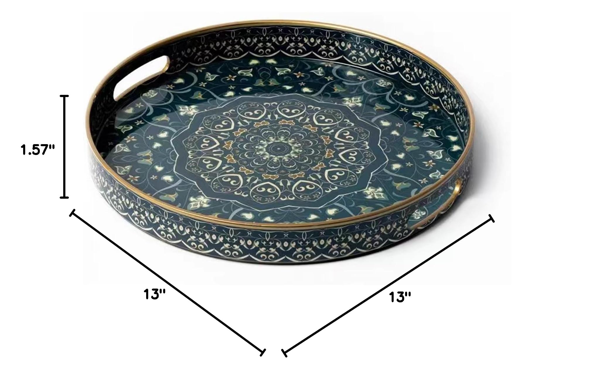 Round Serving Tray with Handles - Large Decorative Ottoman Tray for Coffee Table, Plastic Boho Style Serving Tray for Living Room, Bedroom, and Dining Room - Perfect for Entertaining, Snacks, and Home Decor