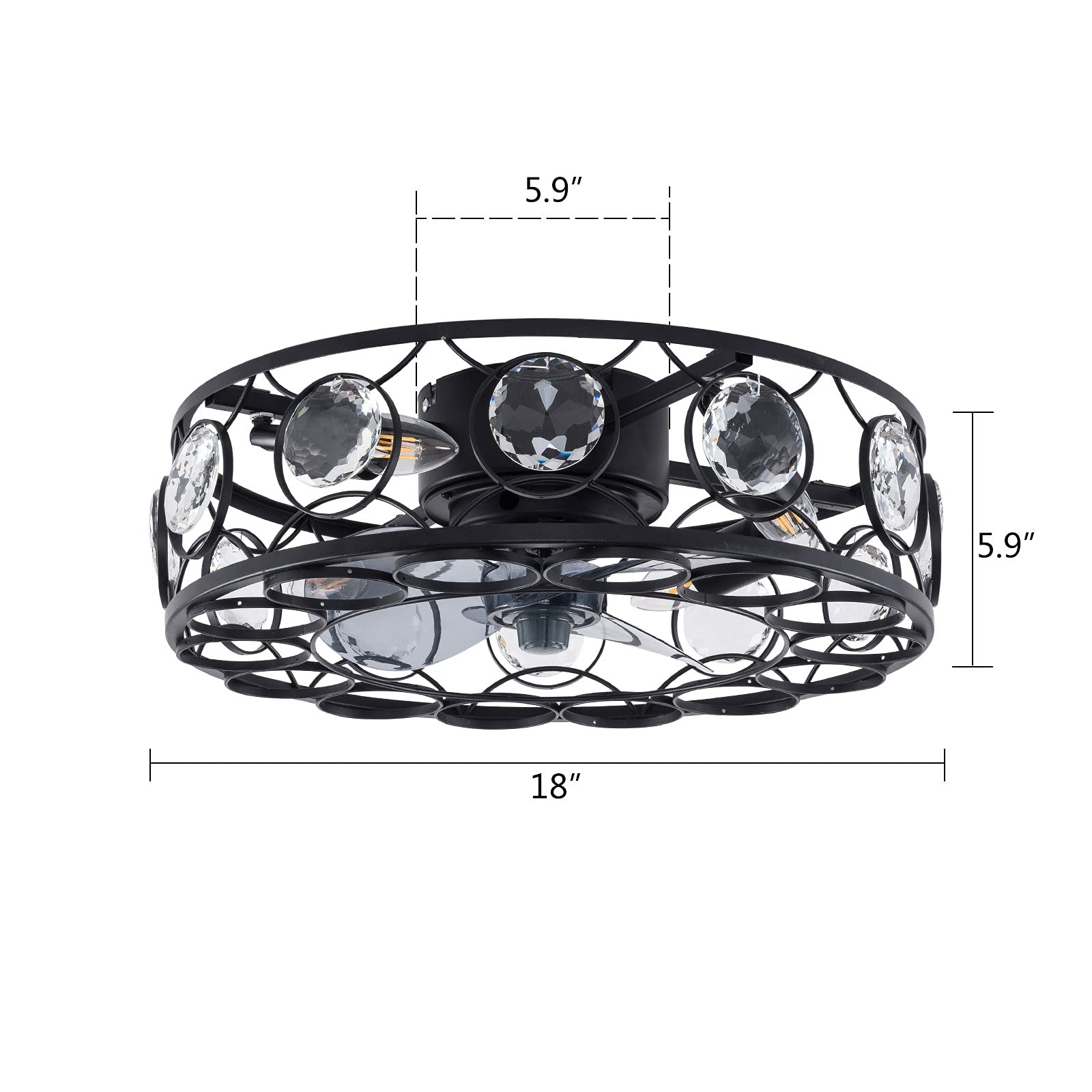 OUKANING 18 Inch Black Flush Mount Ceiling Fan Light Kit with Remote - Industrial Style Crystal Chandelier Lighting Fixture for Living Room, Bedroom, Kitchen - 4 E27 Bulb Bases (Bulbs Not Included) | Perfect for Modern Farmhouse, Loft & Industrial Home Decor