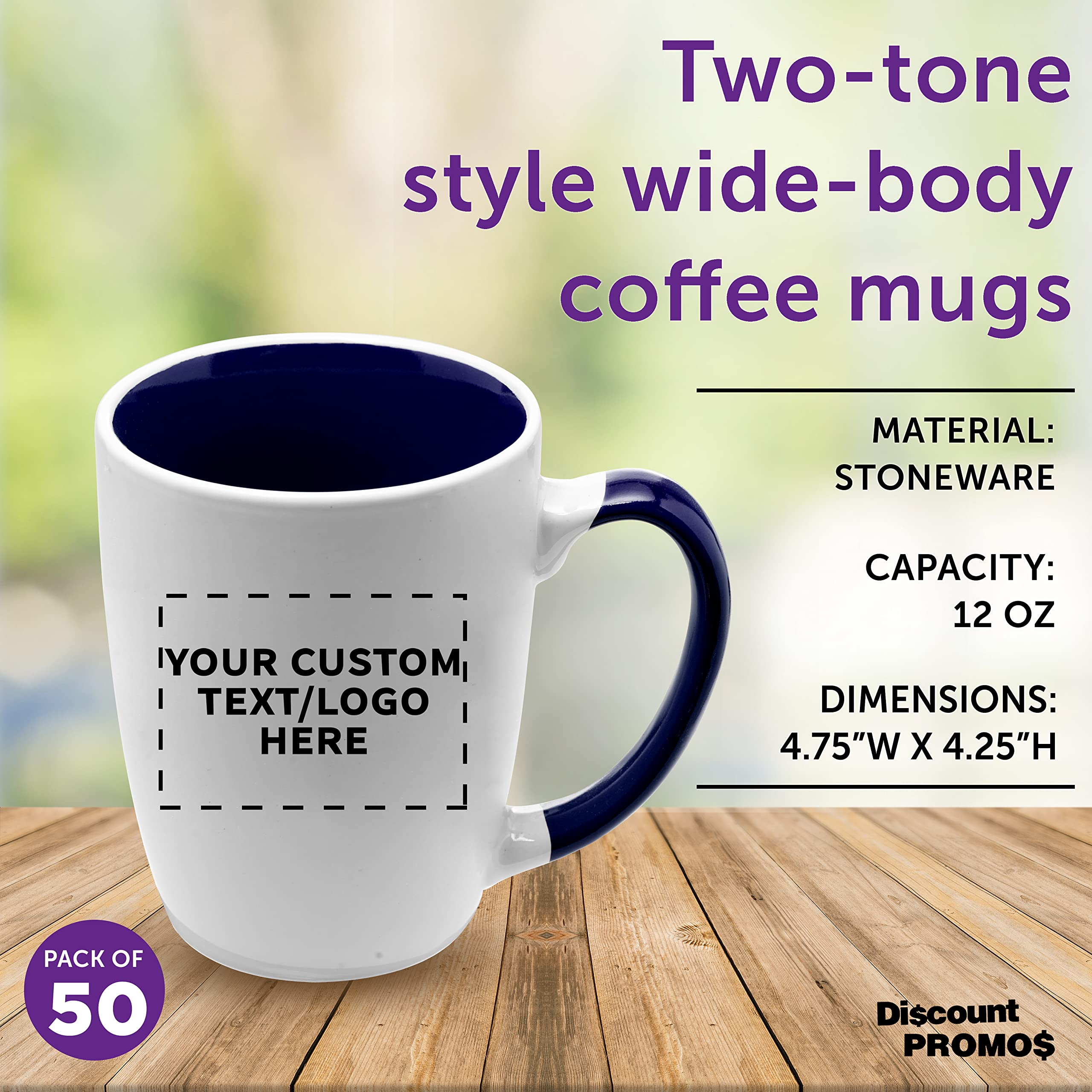 Custom Java Two-Tone Coffee Mugs 12 oz Bulk Set of 50 - Personalized Coffee Cups for Office, Restaurant & Events - Great for Coffee, Tea, Hot Chocolate & Beverages - Cobalt Blue Ceramic Mugs