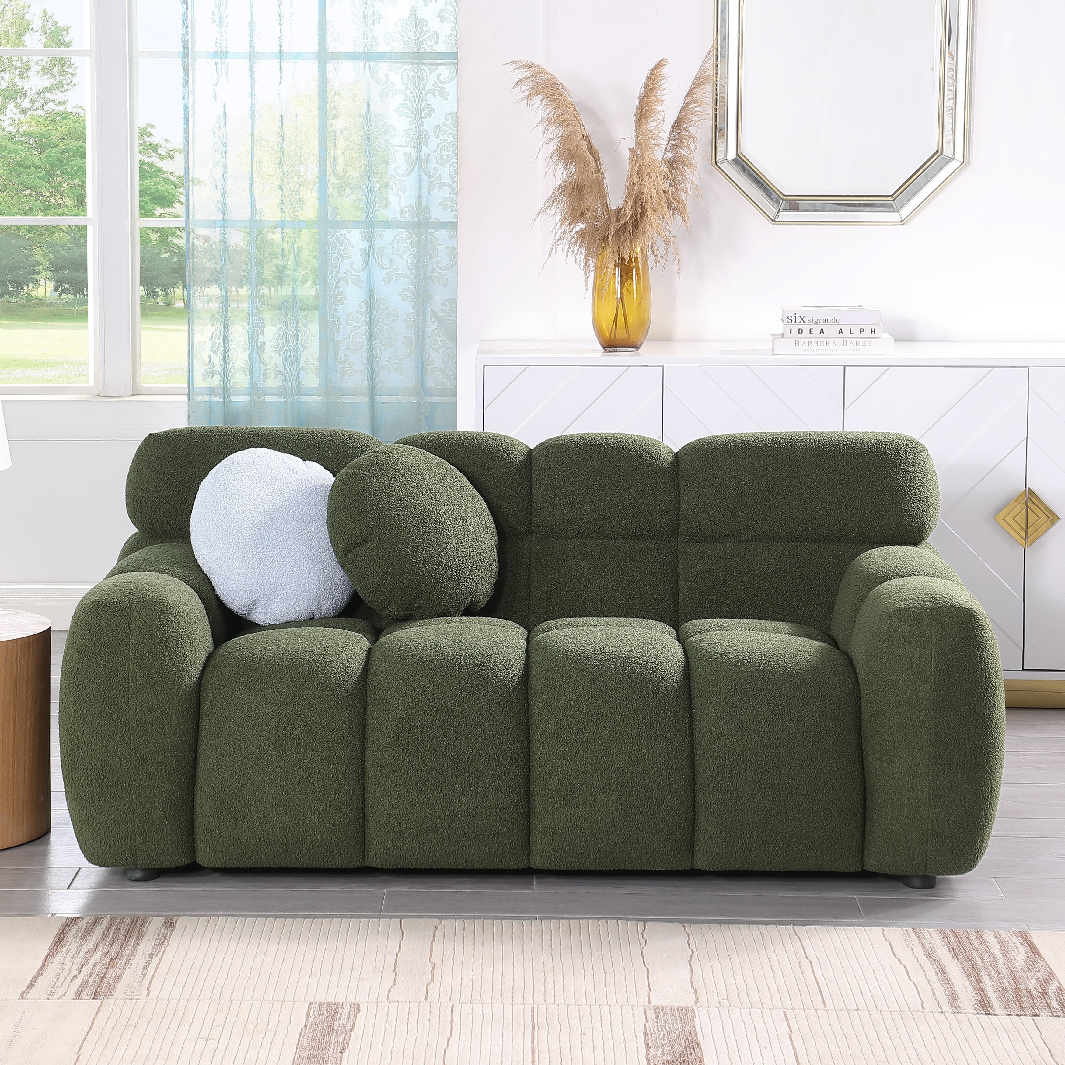 Beige Boucle 3-Seater Sofa - Marshmallow Design with Plush Cushions for Small Living Rooms | Cozy Modern Apartment Furniture for Lounge & Entertaining