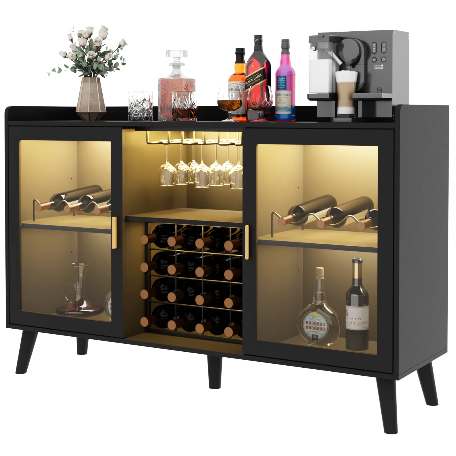 Modern Wine Bar Cabinet with LED Lighting - Freestanding Kitchen Buffet Sideboard with Wine Rack & Glass Storage - Elegant Home Coffee Station & Liquor Cabinet for Living Room, Dining Room (Black) - Perfect for Entertaining Guests & Stylish Home Decor