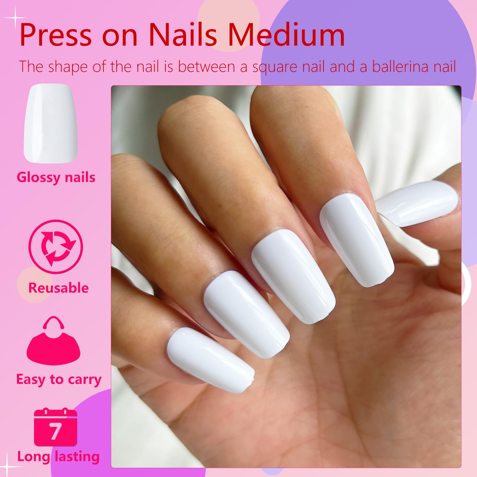 AddFavor 300pcs Medium Square Press-On Nails - White Glossy ABS Fake Nails for Women & Girls (12 Sizes) | Perfect for Parties, Weddings, Halloween & Everyday Wear