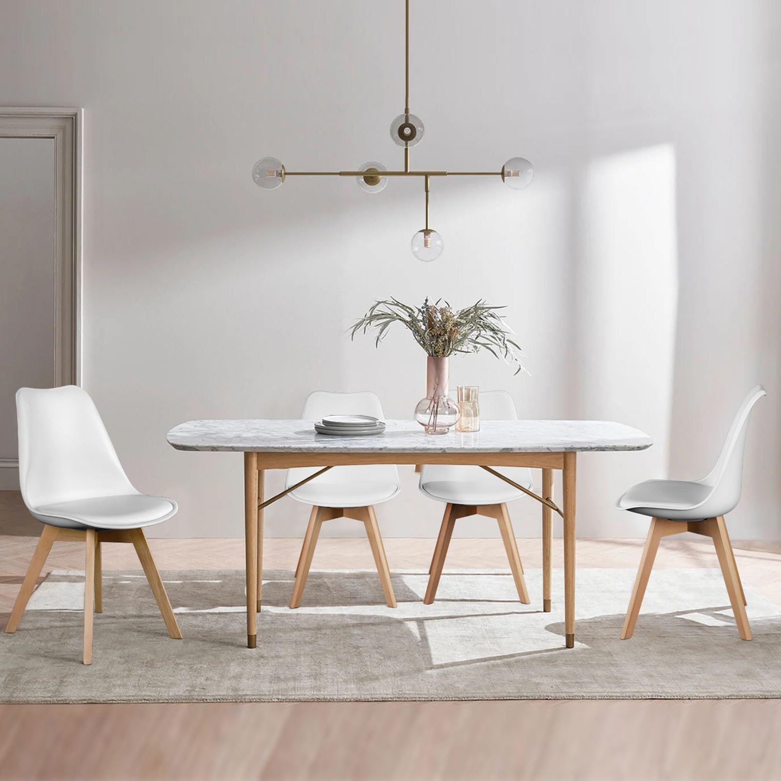 OLIXIS Set of 4 Mid-Century Modern Dining Chairs with Wooden Legs & PU Leather Cushion - White Kitchen Chairs for Dining Room, Living Room, Bedroom or Outdoor Lounge | Perfect for Home Decor, Entertaining Guests & Relaxing